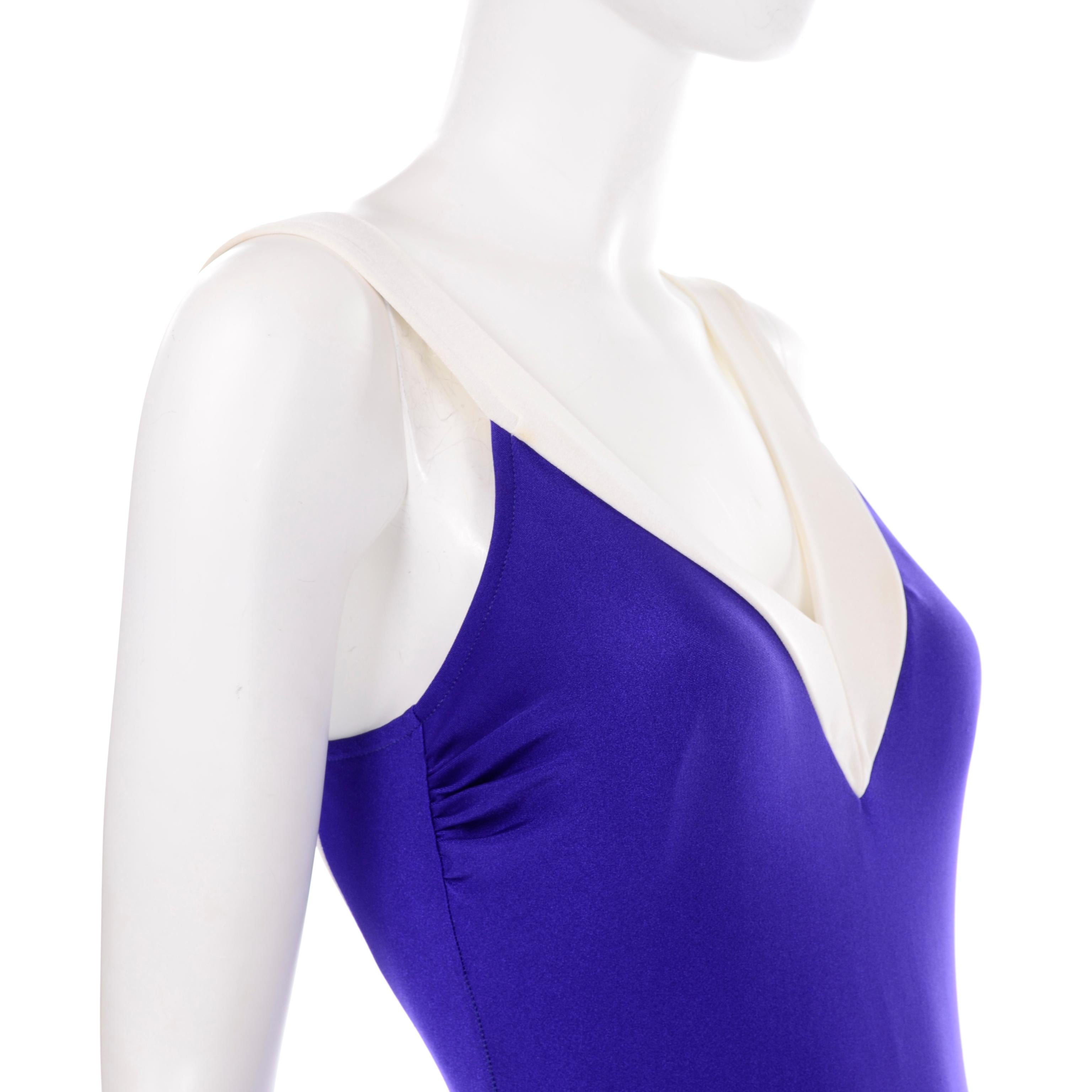 1970s Bill Blass Vintage Purple Swimsuit W Low Back in Purple and Ivory For Sale 4