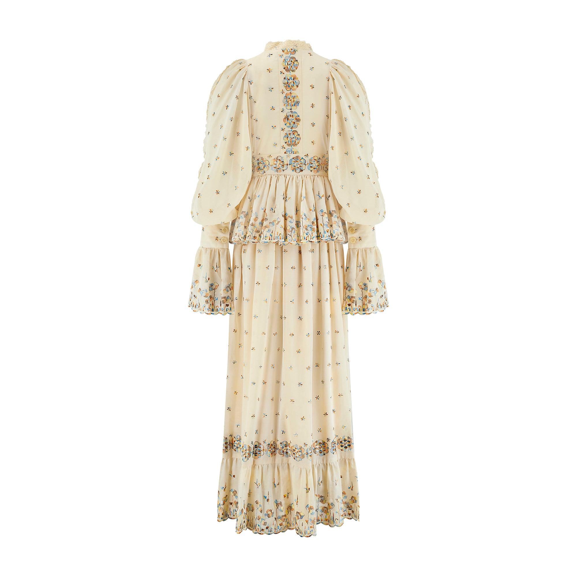Maxivestido floral bordado y crema Bill Gibb, años 70 Beige en venta