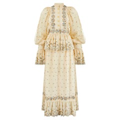 1970s Bill Gibb Cream and Embroidered Floral Maxi Dress