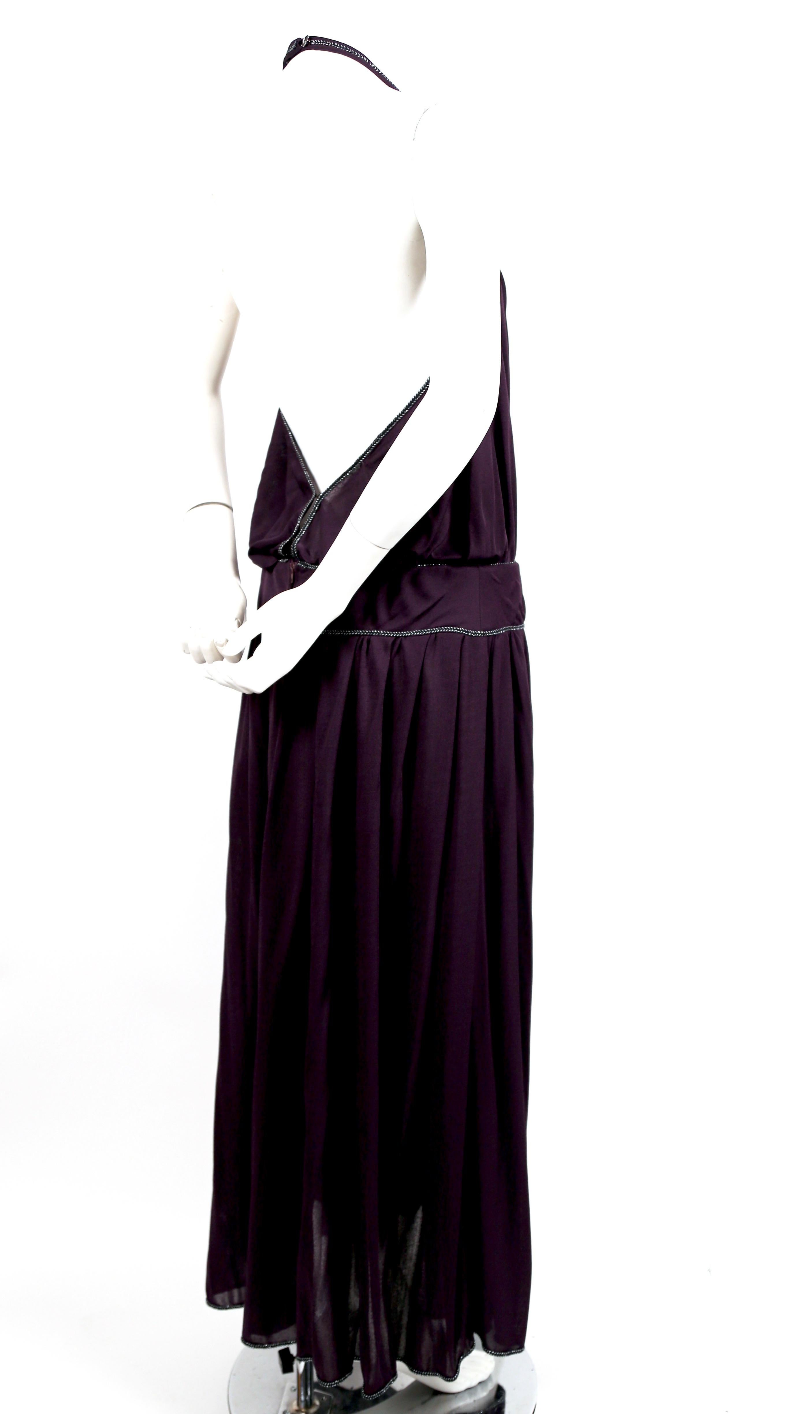 Black 1970's BILL GIBB purple jersey gown with metallic trim For Sale
