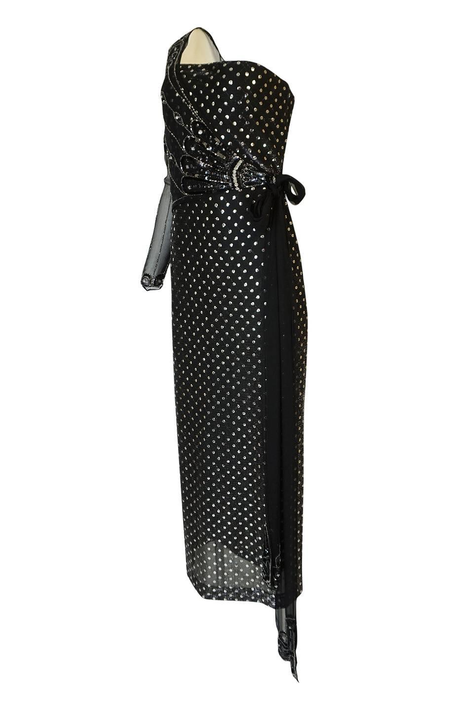 1970s Bill Gibb Silver & Black Dress w Beaded Shoulder Piece In Excellent Condition In Rockwood, ON
