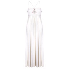 Vintage 1970s Bill Gibb White Evening Dress with Beaded Art Deco Motive