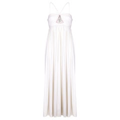 1970s Bill Gibb White Evening Dress with Beaded Art Deco Motive