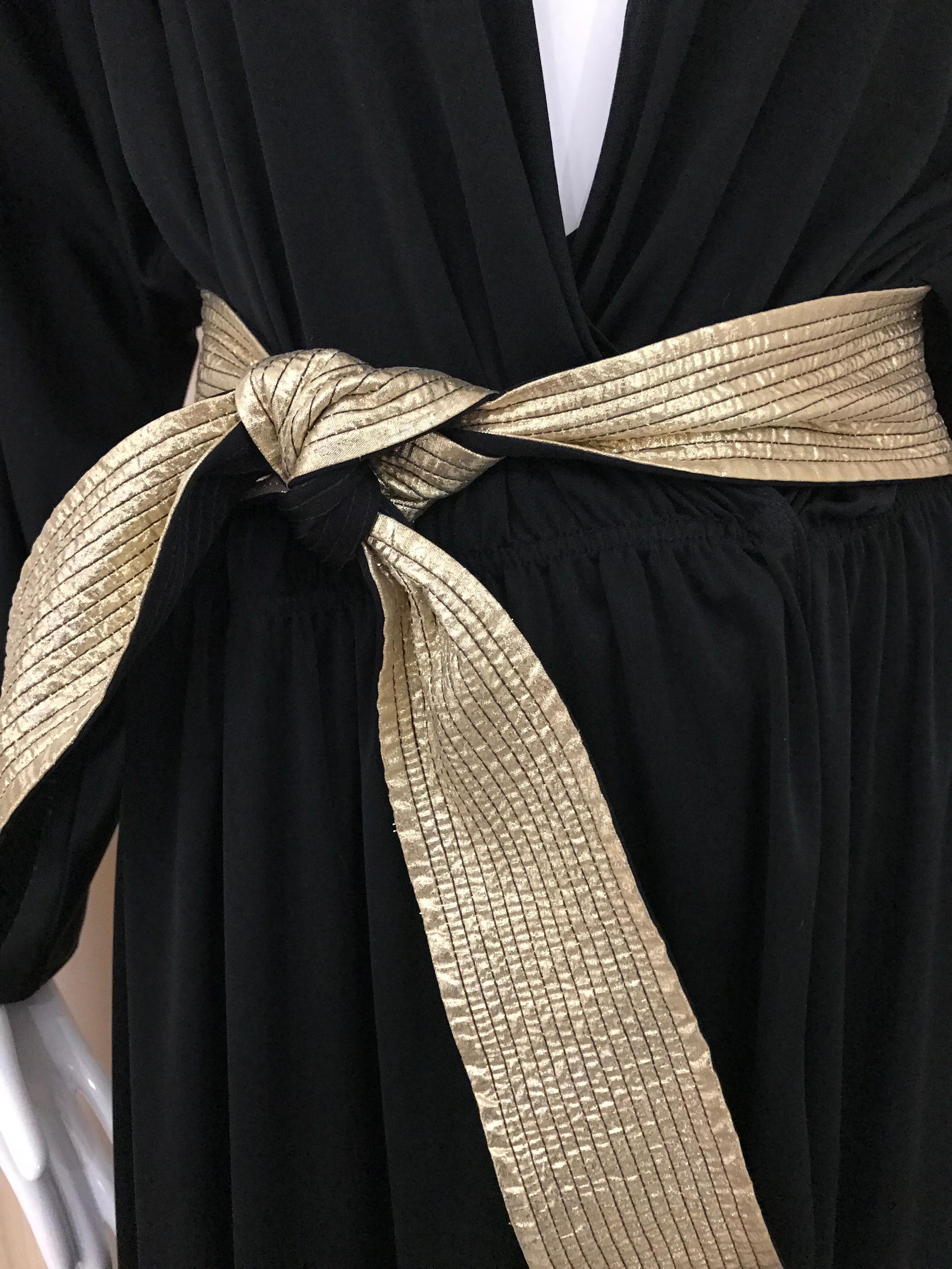1970s Bill Tice Black Jersey V Neck Dress with Gold Sash In Good Condition In Beverly Hills, CA
