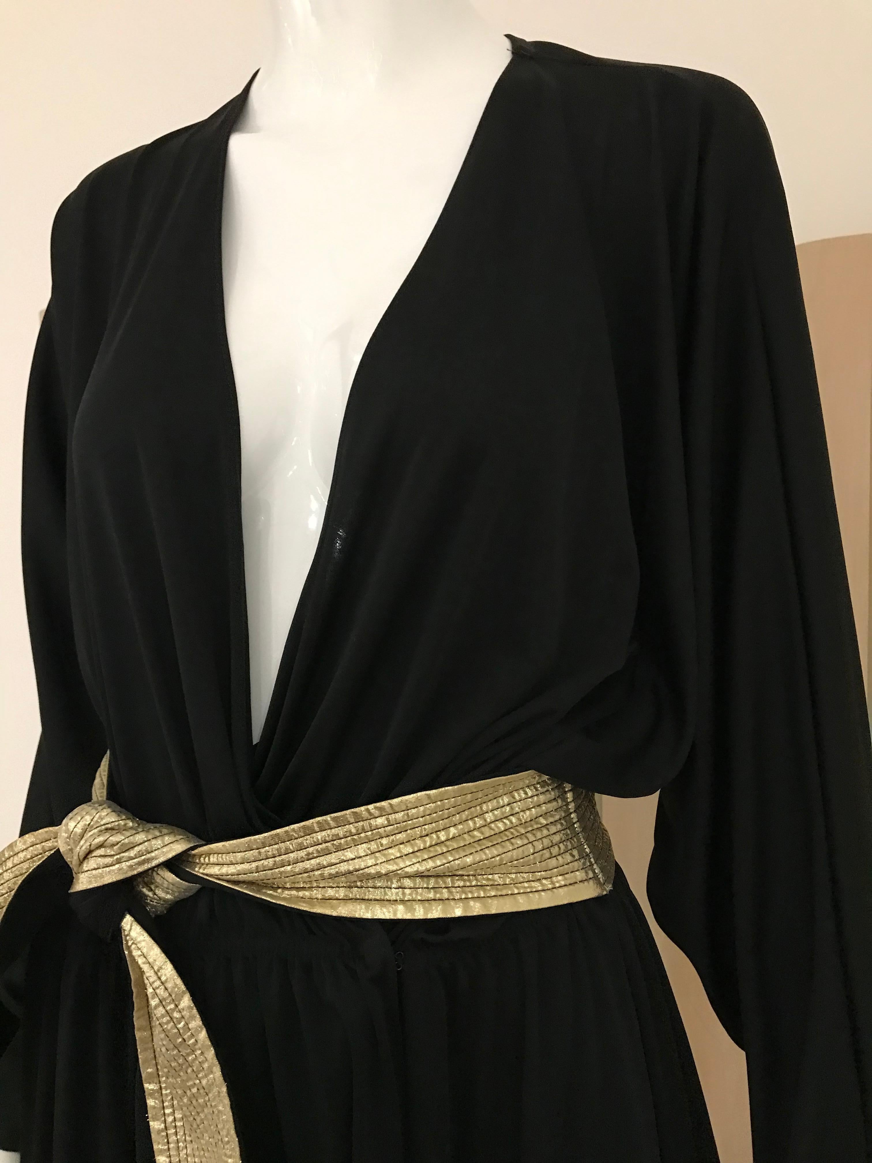 Women's 1970s Bill Tice Black Jersey V Neck Dress with Gold Sash