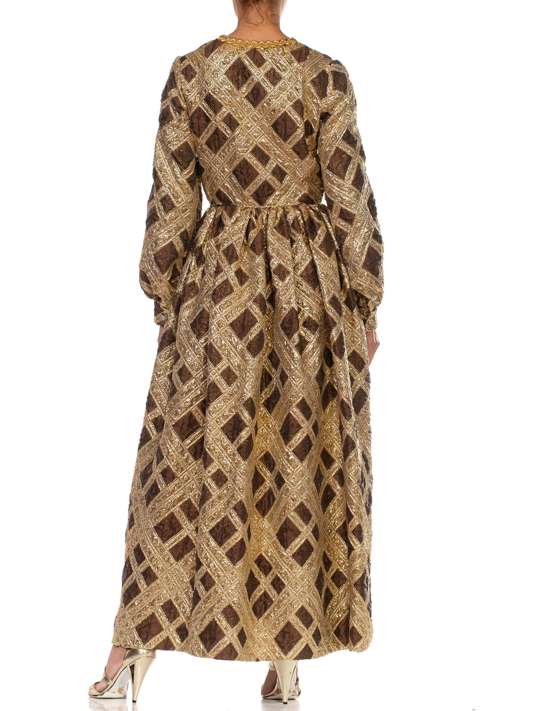 1970S BILL TICE Metallic Gold Rayon/Lurex Glamourous House Dress With Crystals In Excellent Condition In New York, NY