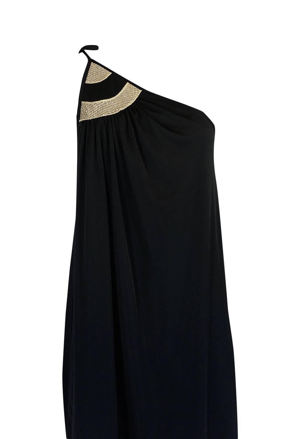 1970s Bill Tice One Shoulder Gold & Black Jersey Dress 2