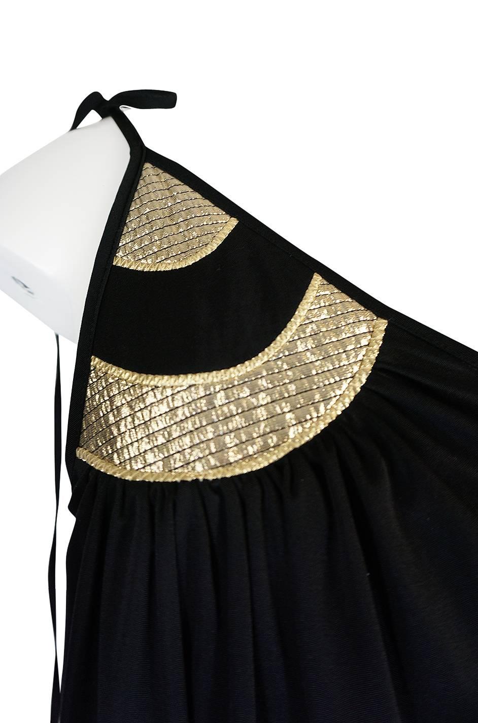 1970s Bill Tice One Shoulder Gold & Black Jersey Dress 3