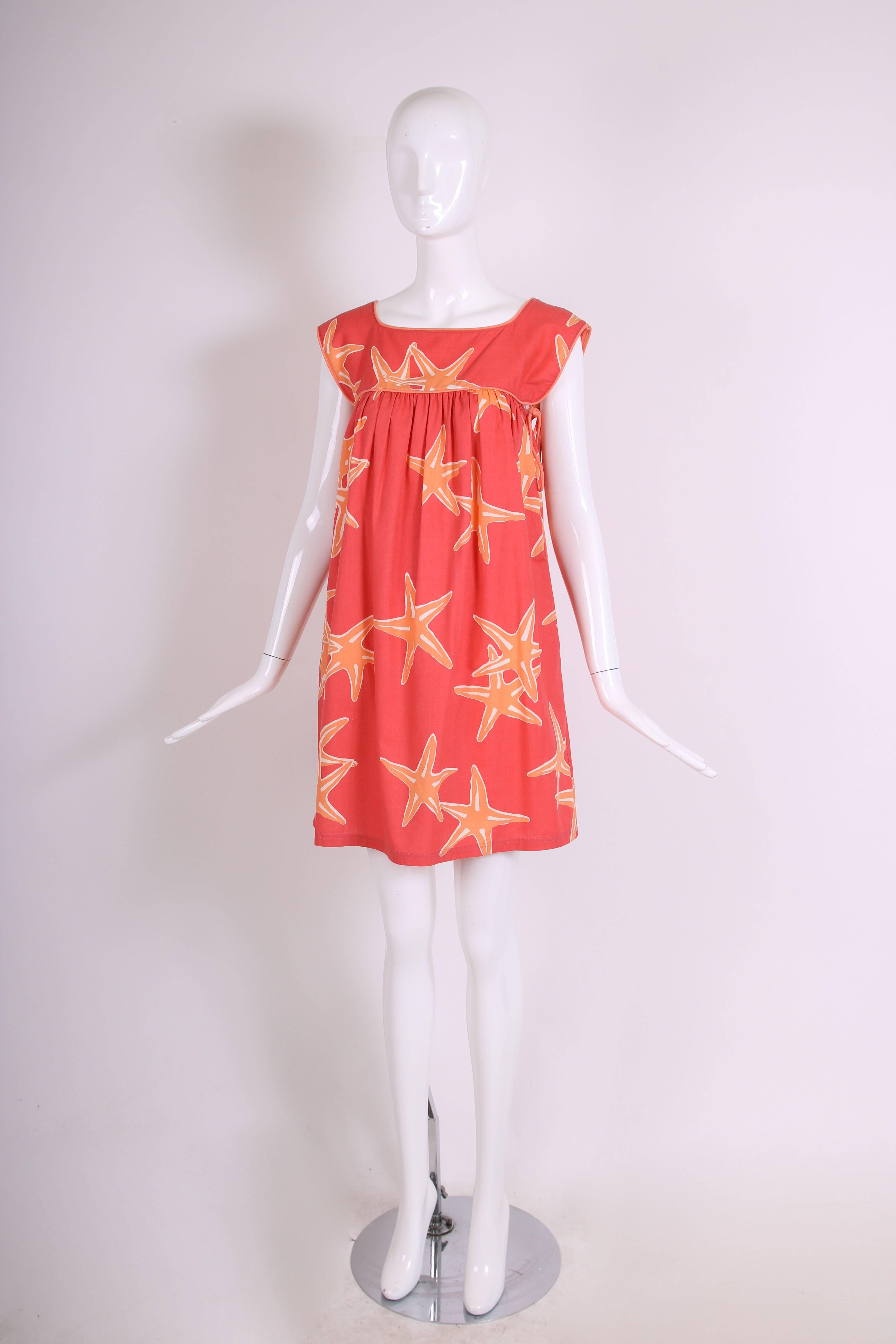 Red Bill Tice Orange and White Starfish Print Sleeveless Babydoll Sundress, 1970s 