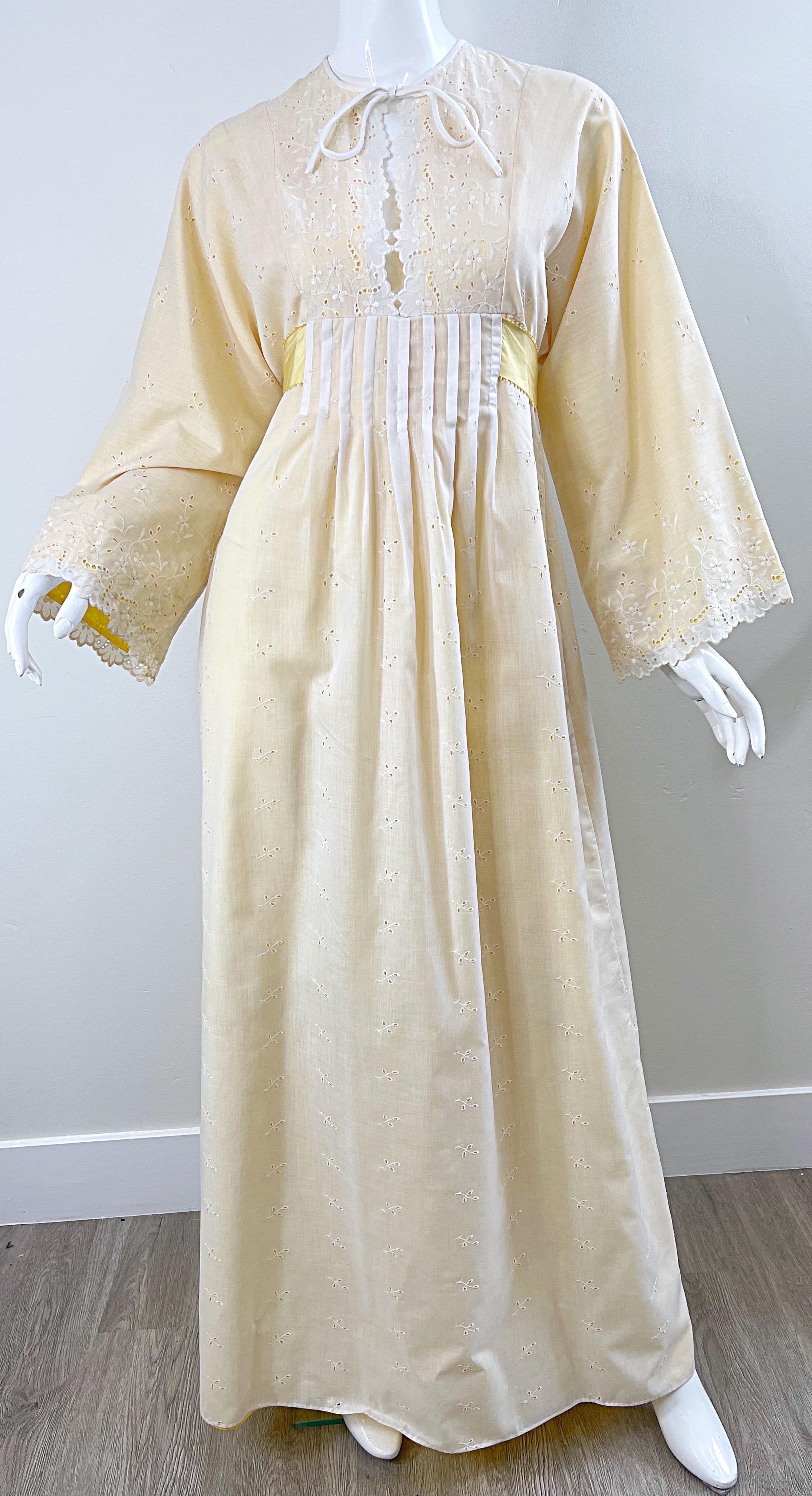 1970s Bill Tice Pale Yellow + White Cotton Eyelet Vintage 70s Maxi Dress For Sale 5