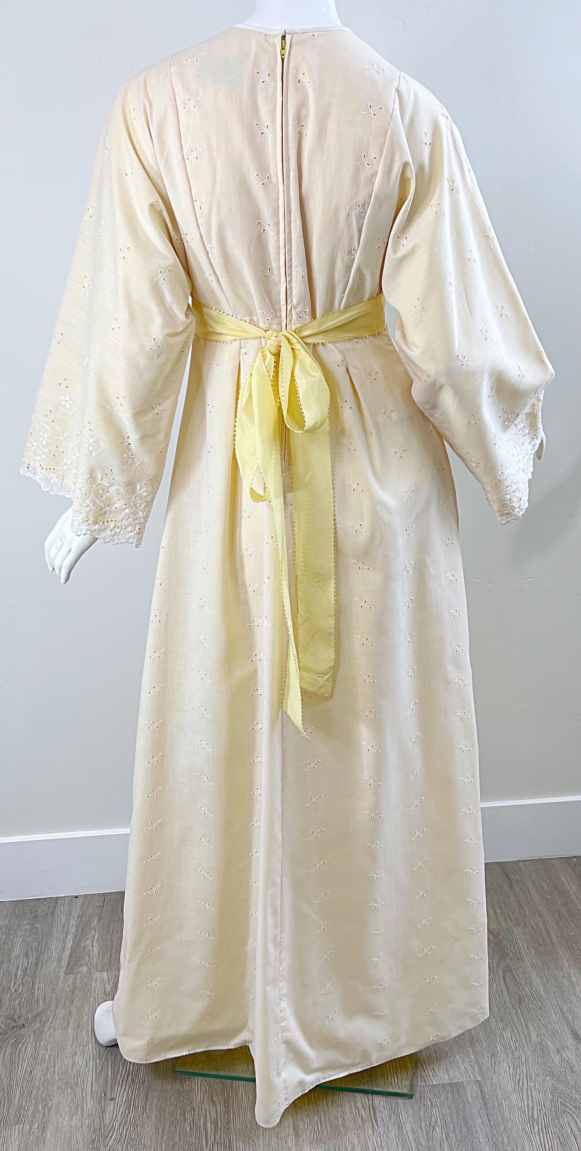 1970s Bill Tice Pale Yellow + White Cotton Eyelet Vintage 70s Maxi Dress For Sale 6