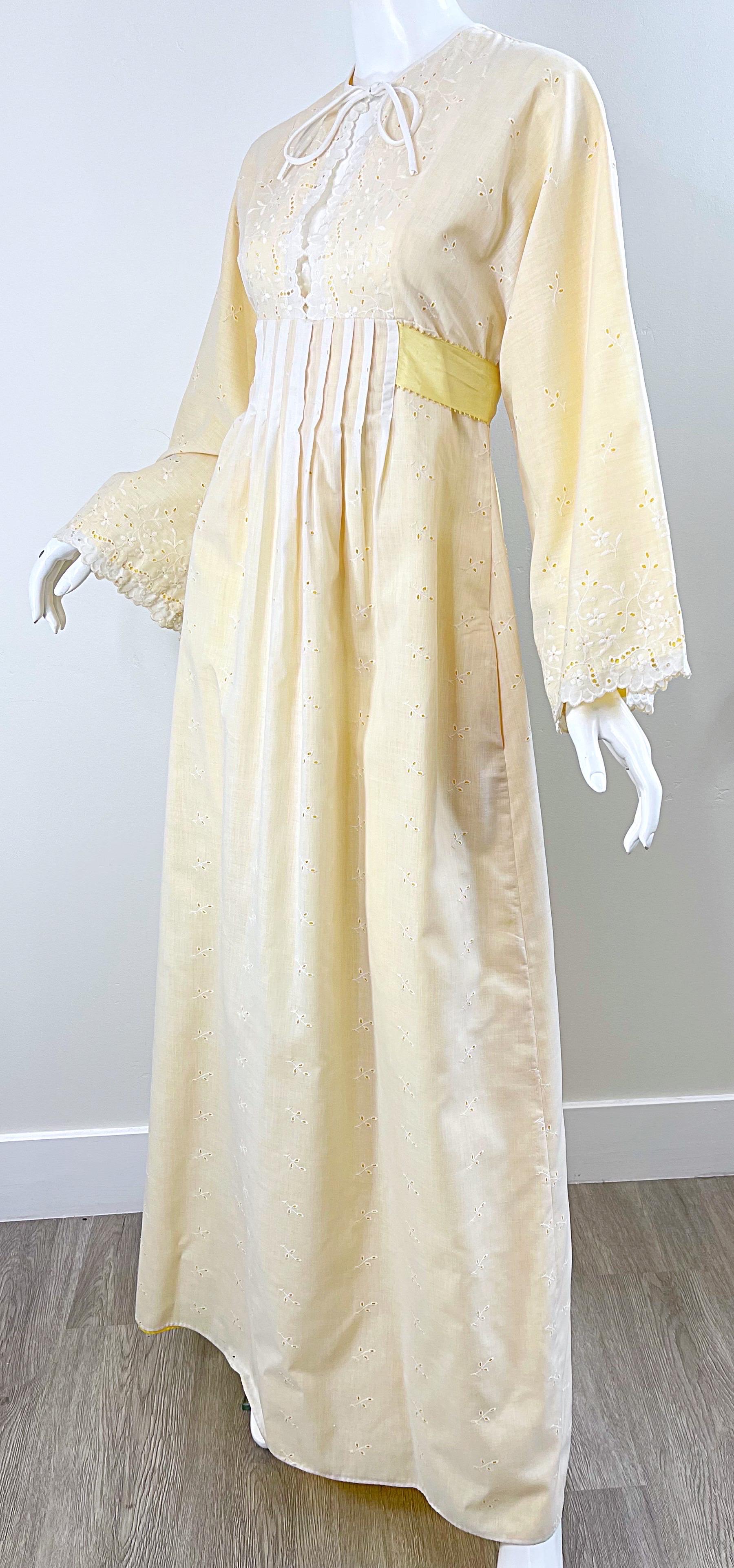 1970s Bill Tice Pale Yellow + White Cotton Eyelet Vintage 70s Maxi Dress For Sale 7