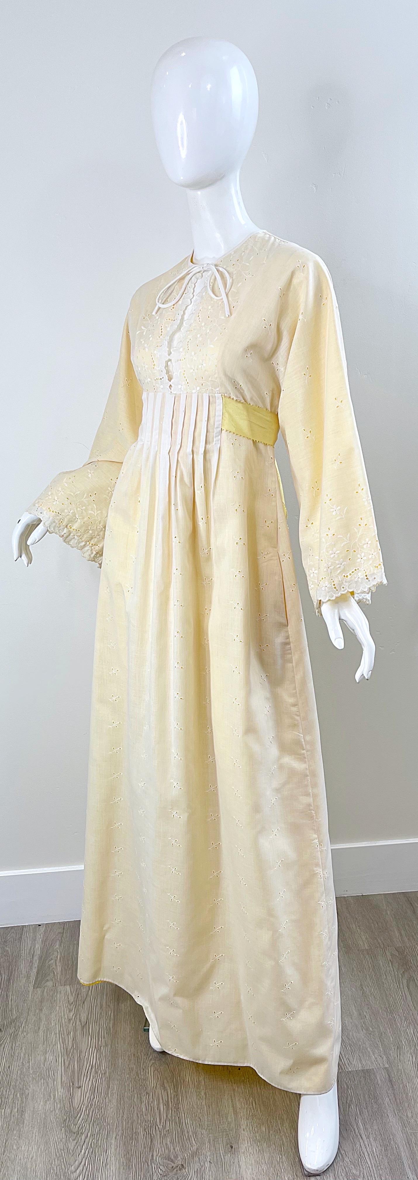 1970s Bill Tice Pale Yellow + White Cotton Eyelet Vintage 70s Maxi Dress For Sale 8