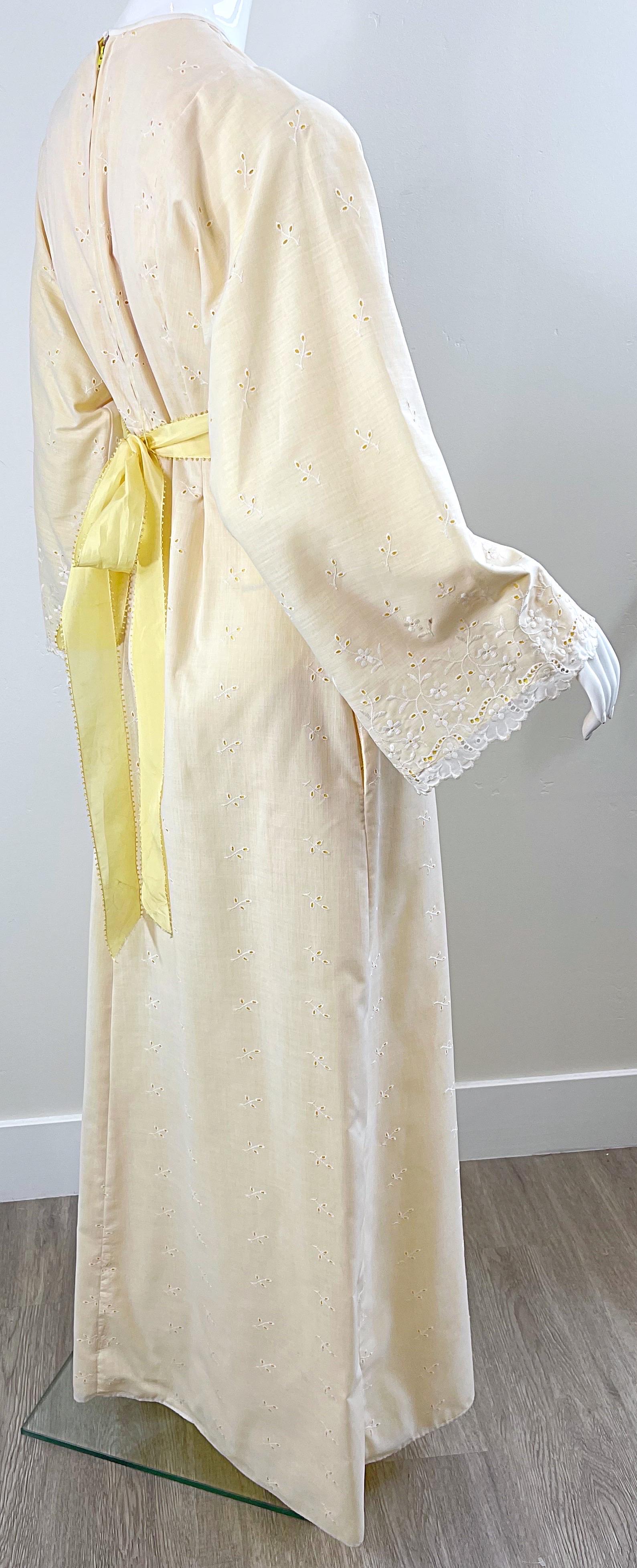 1970s Bill Tice Pale Yellow + White Cotton Eyelet Vintage 70s Maxi Dress For Sale 9