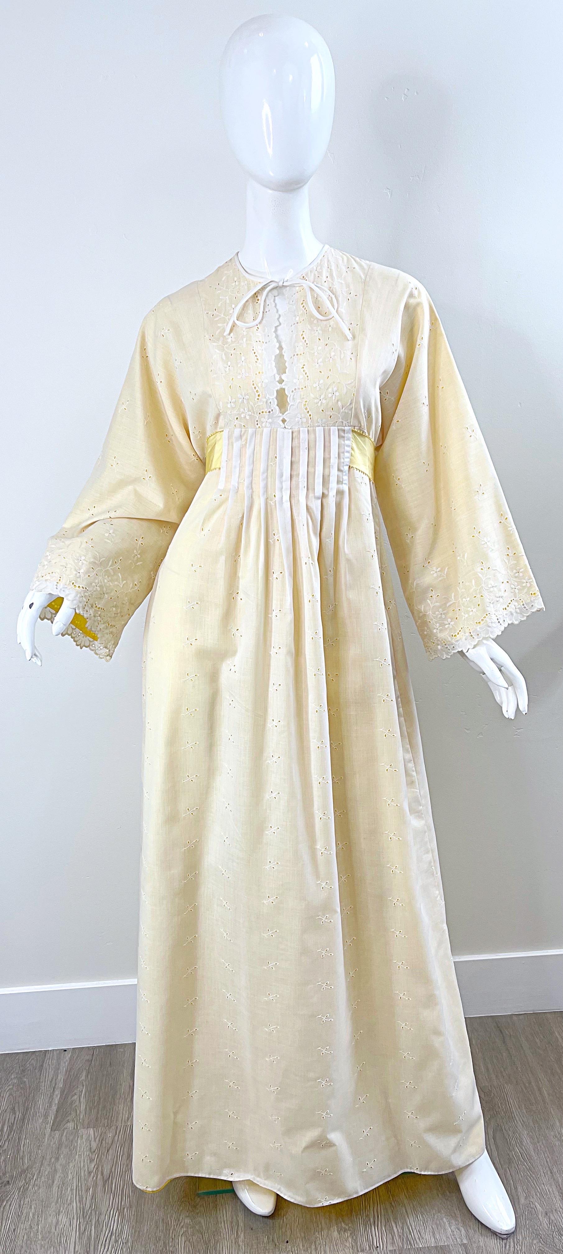1970s Bill Tice Pale Yellow + White Cotton Eyelet Vintage 70s Maxi Dress For Sale 10