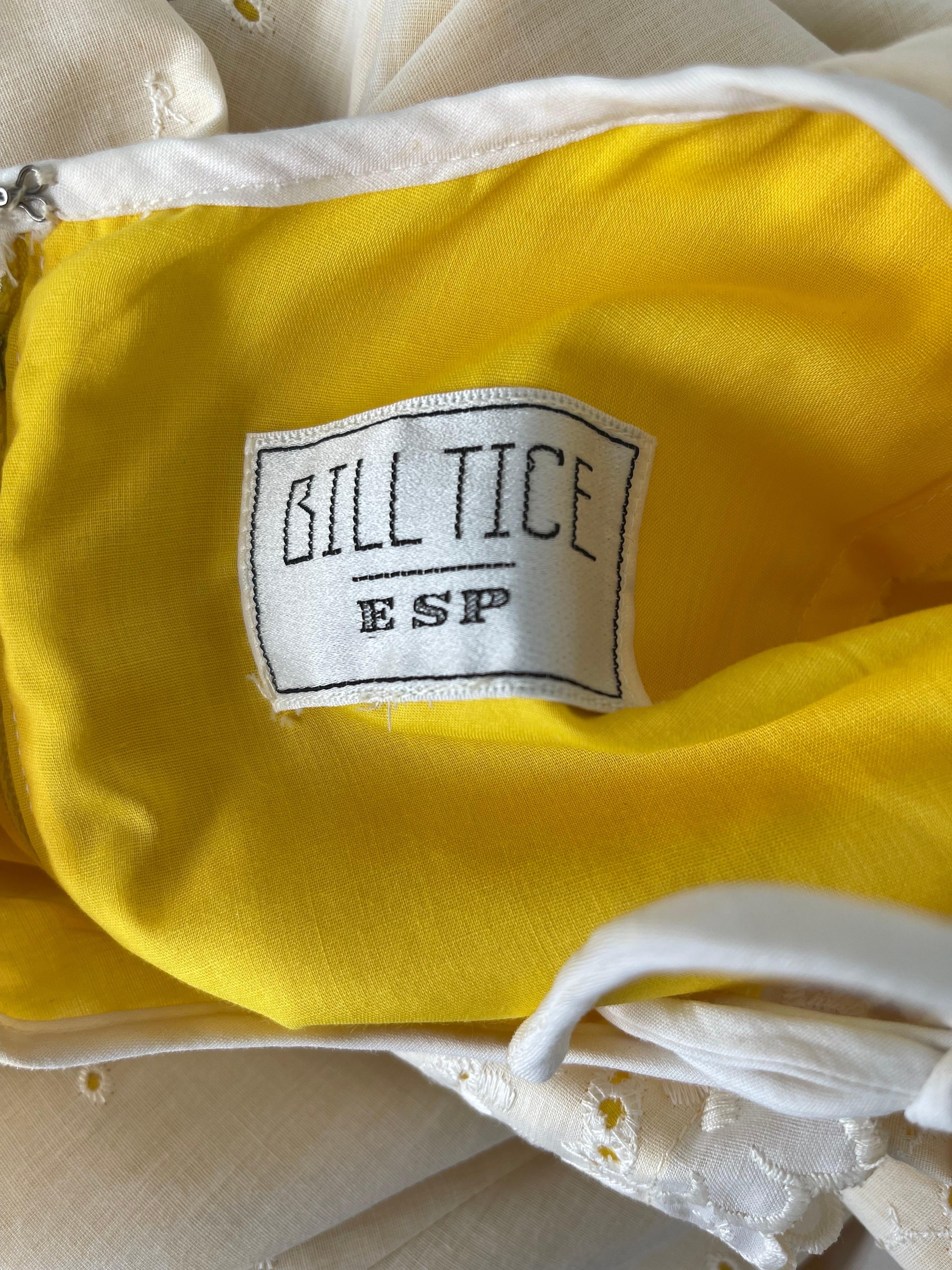 1970s BILL TICE pale yellow + white long sleeve cotton maxi dress ! Features all over eyelets with ties at center neck. POCKETS at each side of the hips. Hidden zipper up the back with hook-ad-eye closure. Yellow ribbon tie belt. Can easily be worn