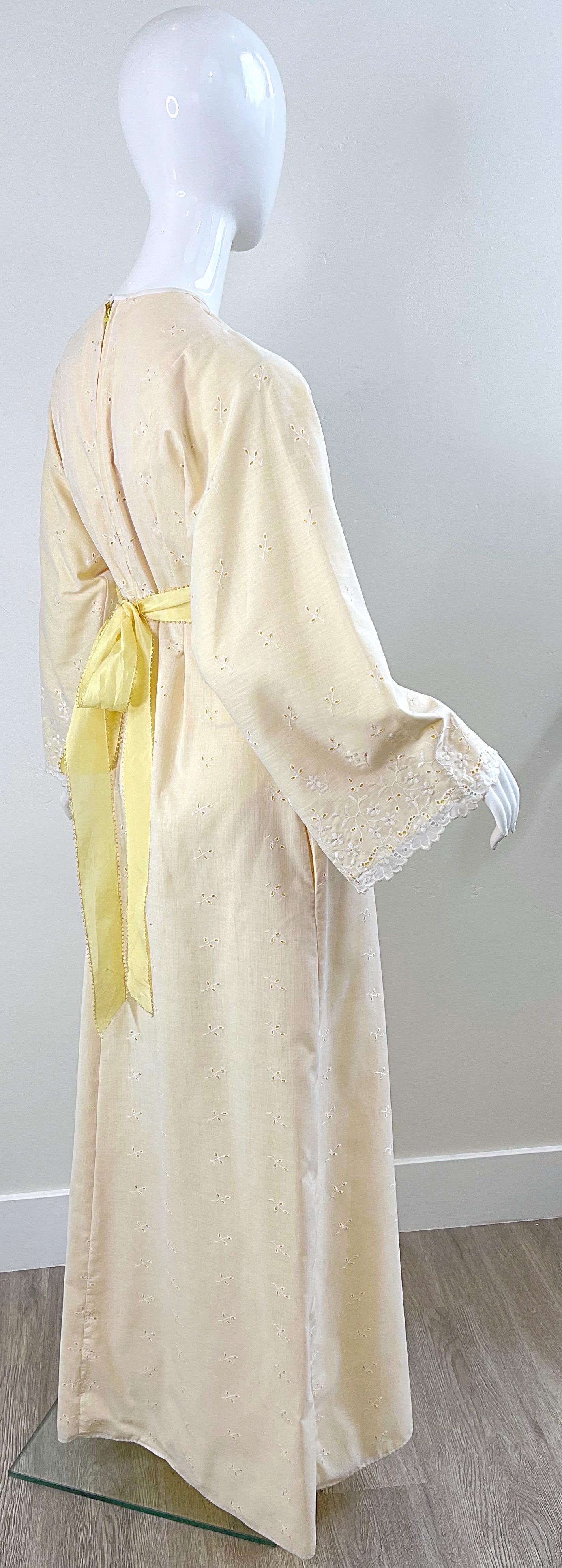 1970s Bill Tice Pale Yellow + White Cotton Eyelet Vintage 70s Maxi Dress For Sale 3