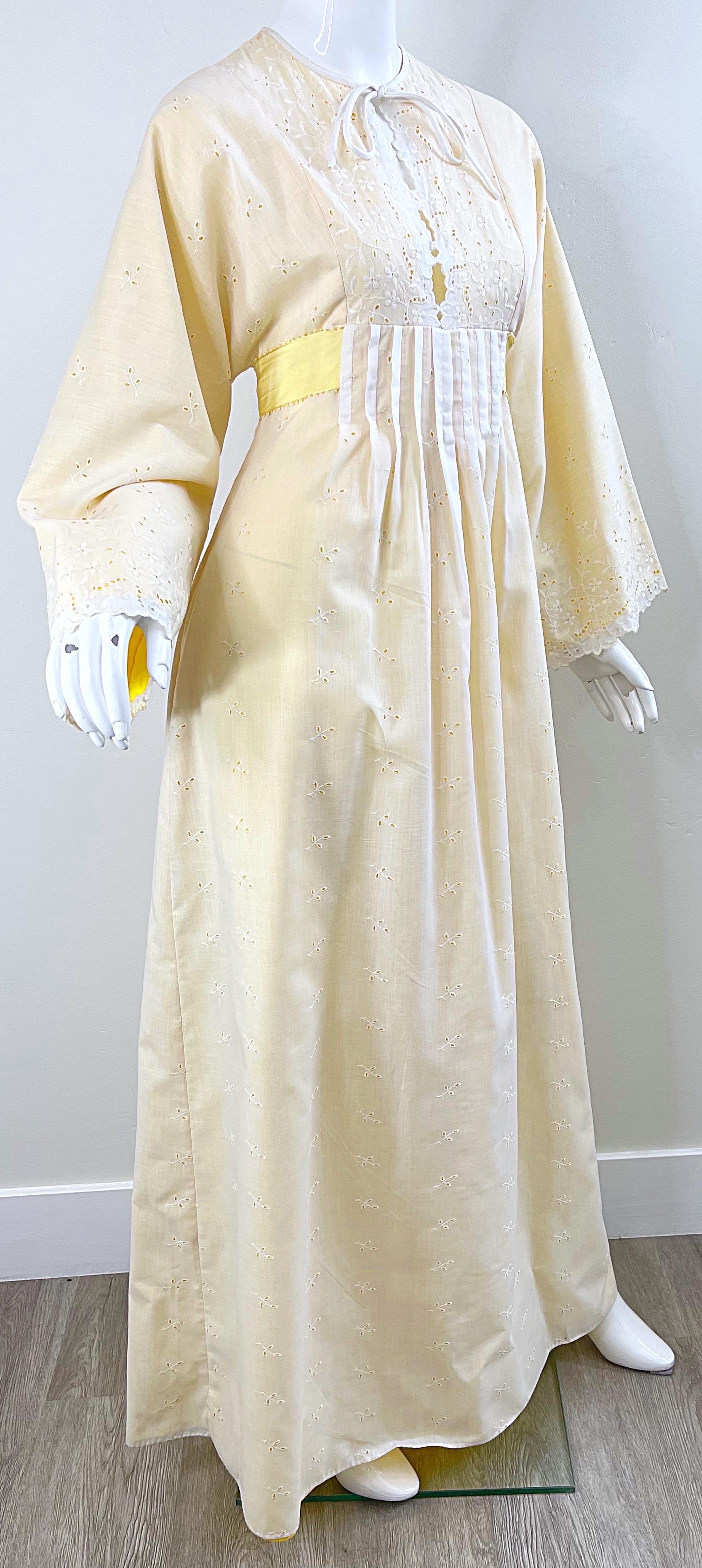 1970s Bill Tice Pale Yellow + White Cotton Eyelet Vintage 70s Maxi Dress For Sale 4