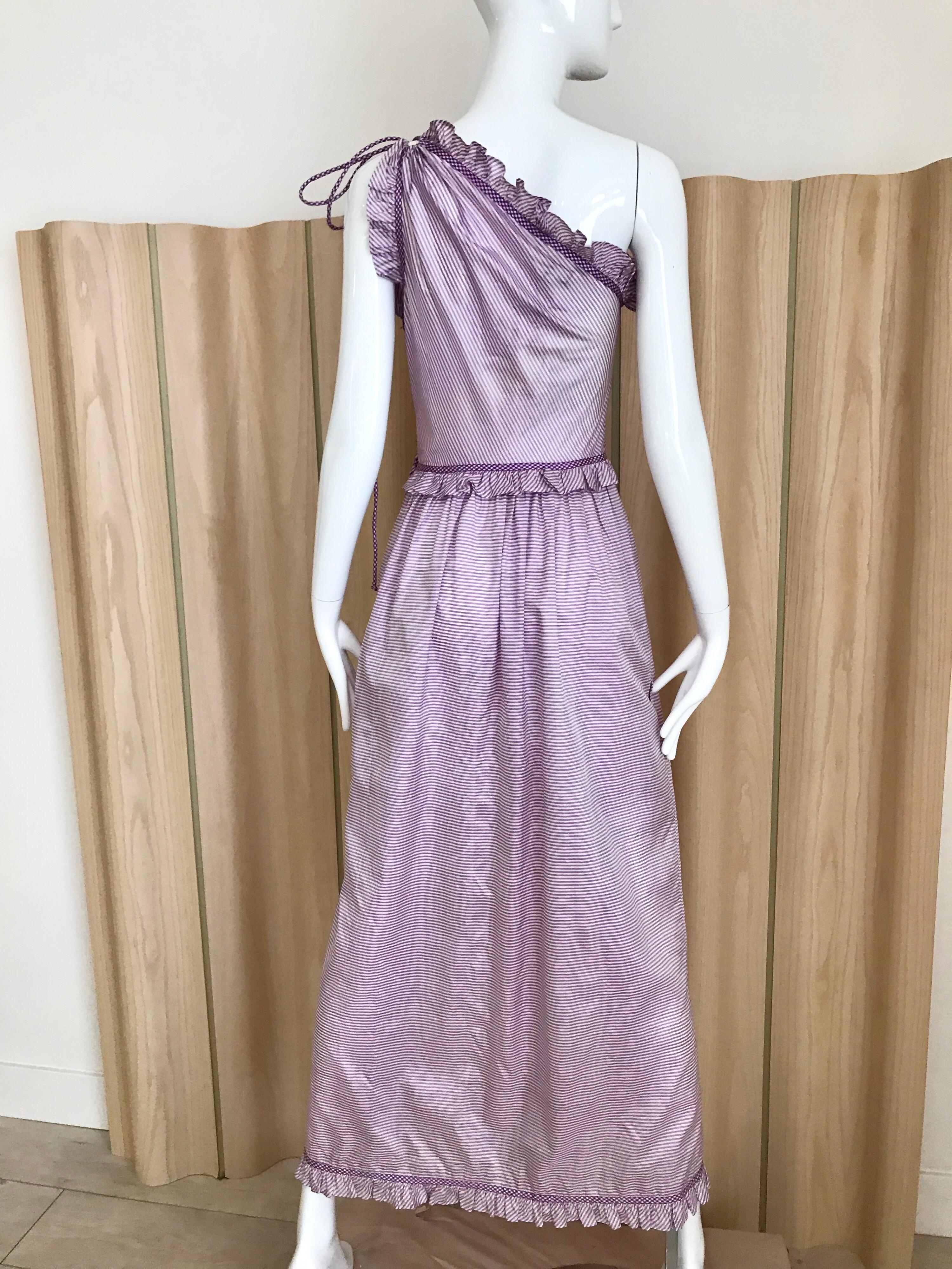 1970s Bill Tice Purple and White Striped One Shoulder Silk Dress In Good Condition For Sale In Beverly Hills, CA