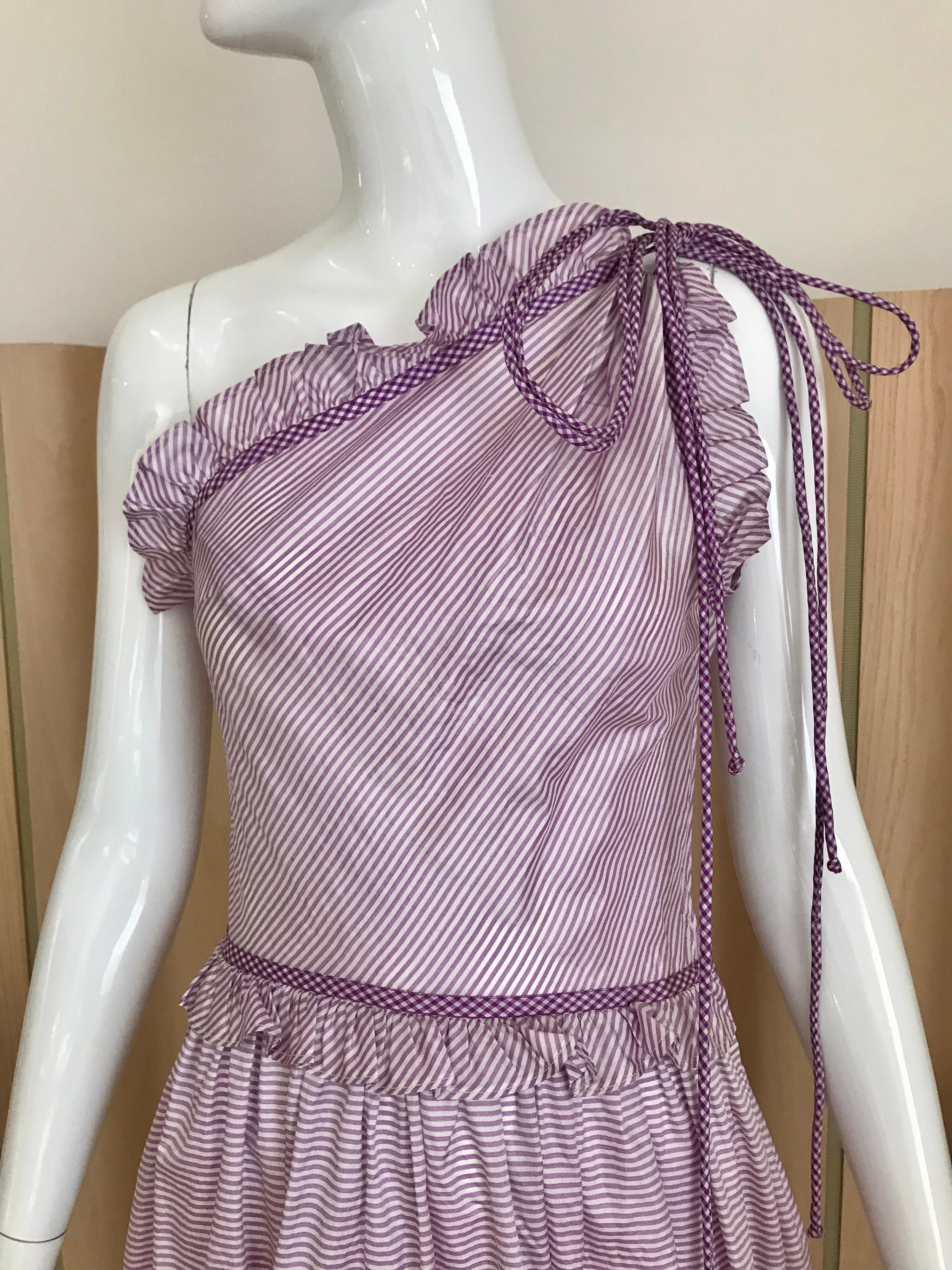 Women's 1970s Bill Tice Purple and White Striped One Shoulder Silk Dress For Sale