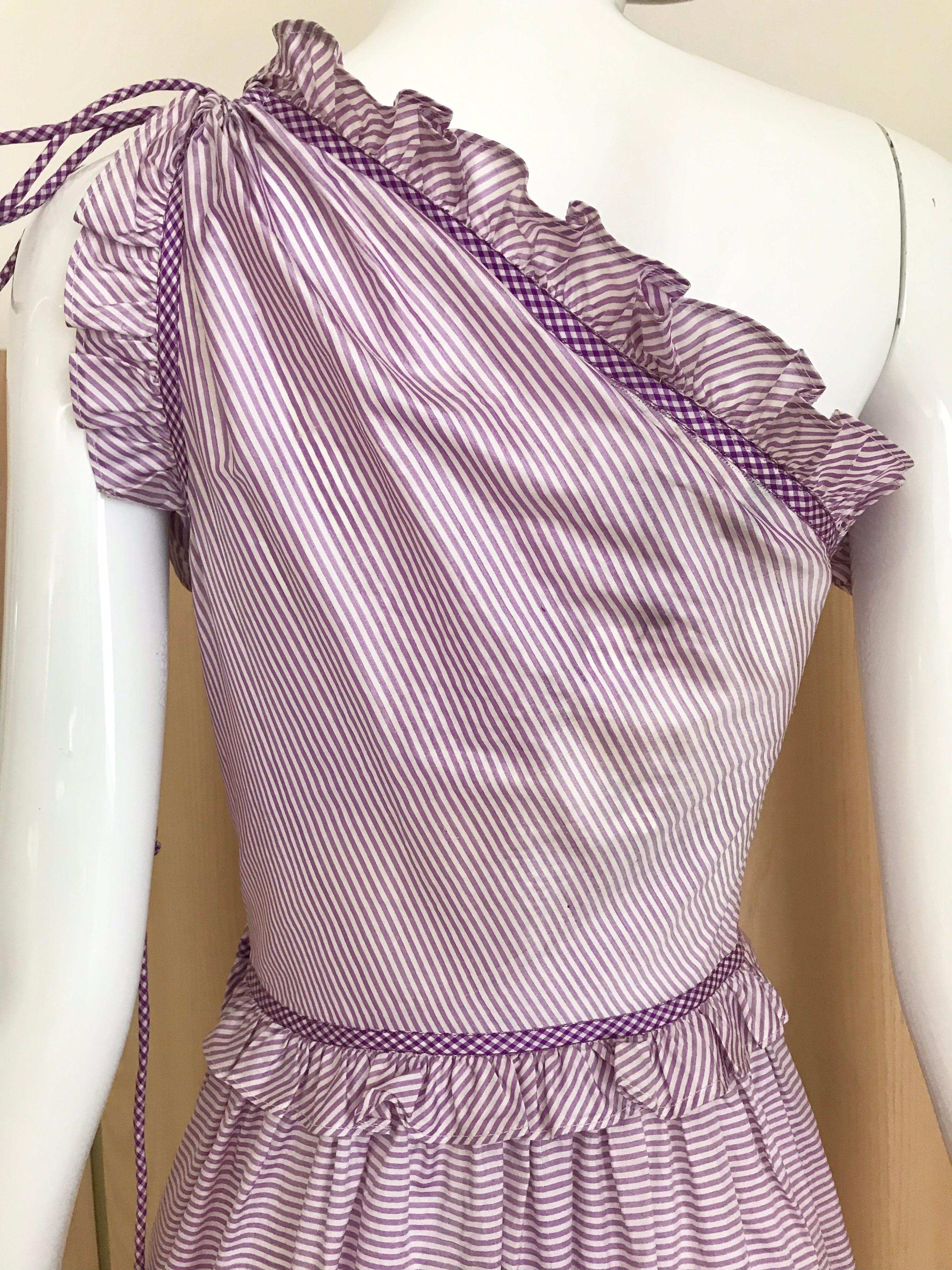 1970s Bill Tice Purple and White Striped One Shoulder Silk Dress For Sale 2