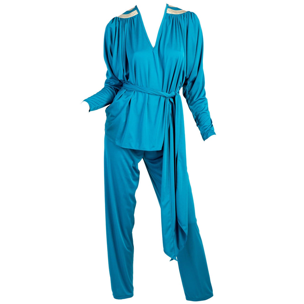 1970s Bill Tice Turquoise & Gold Gathered Jersey Dolman Sleeve Top & Pants Set 