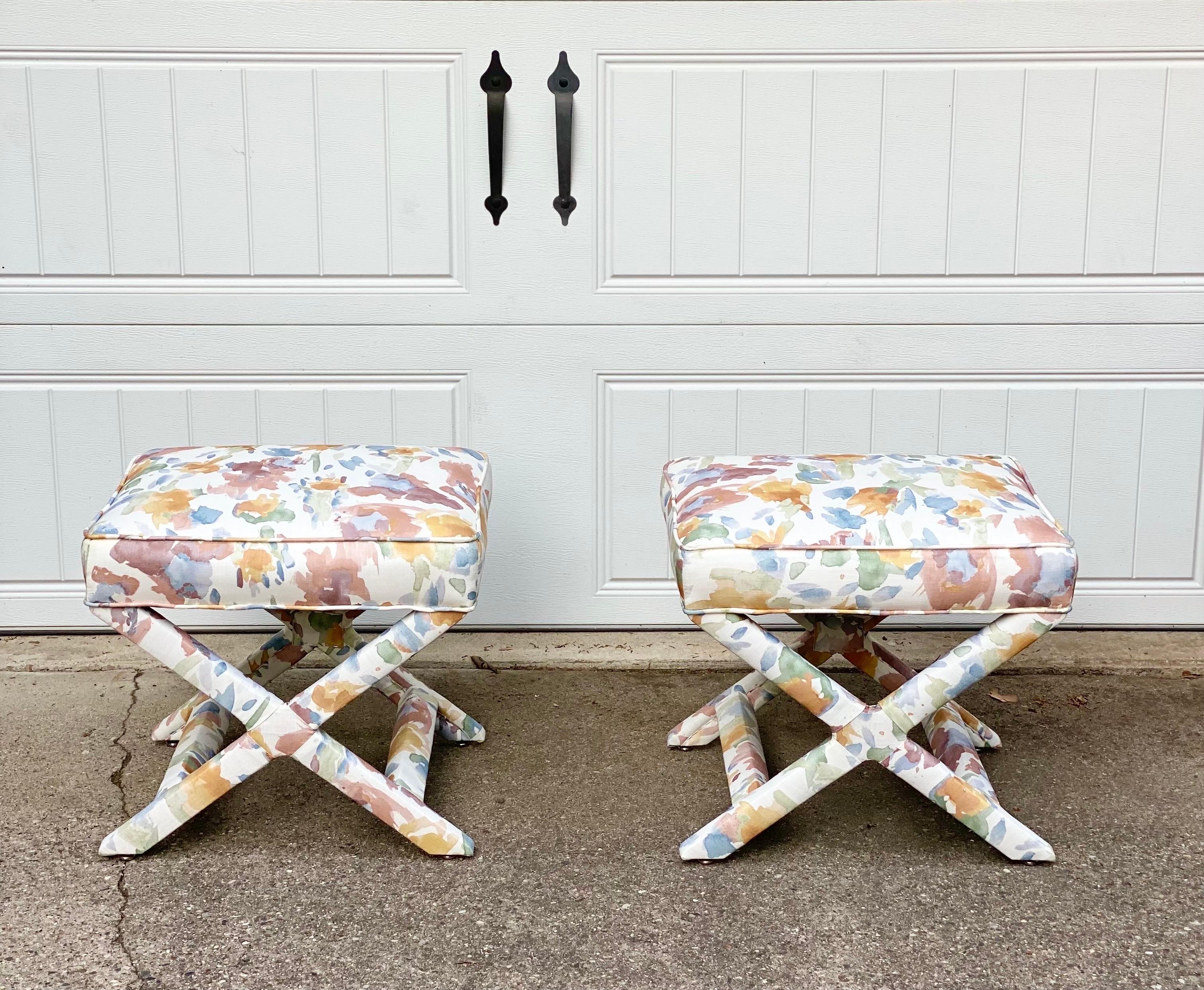 American 1970s Billy Baldwin Style Reupholstered X-Benches Ottomans– a Pair For Sale