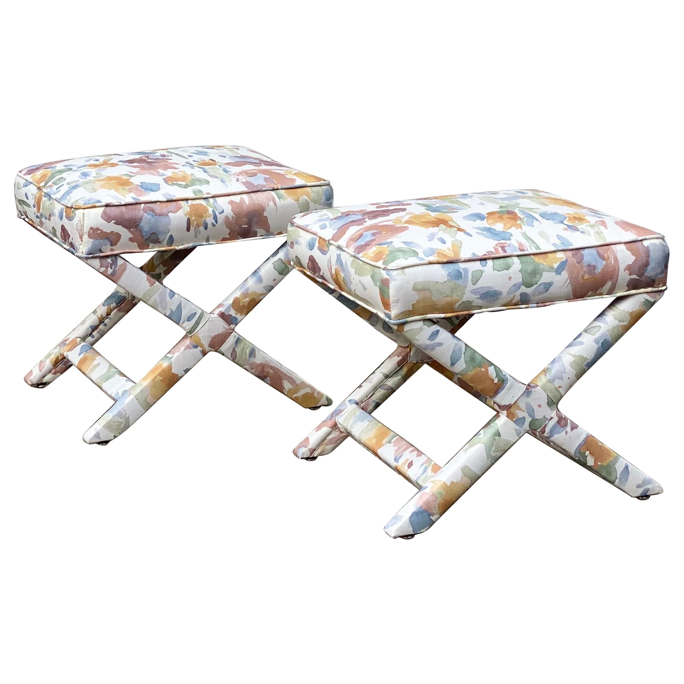1970 Billy Baldwin Style Reupholstered X-Benches Ottomans- a Pair
