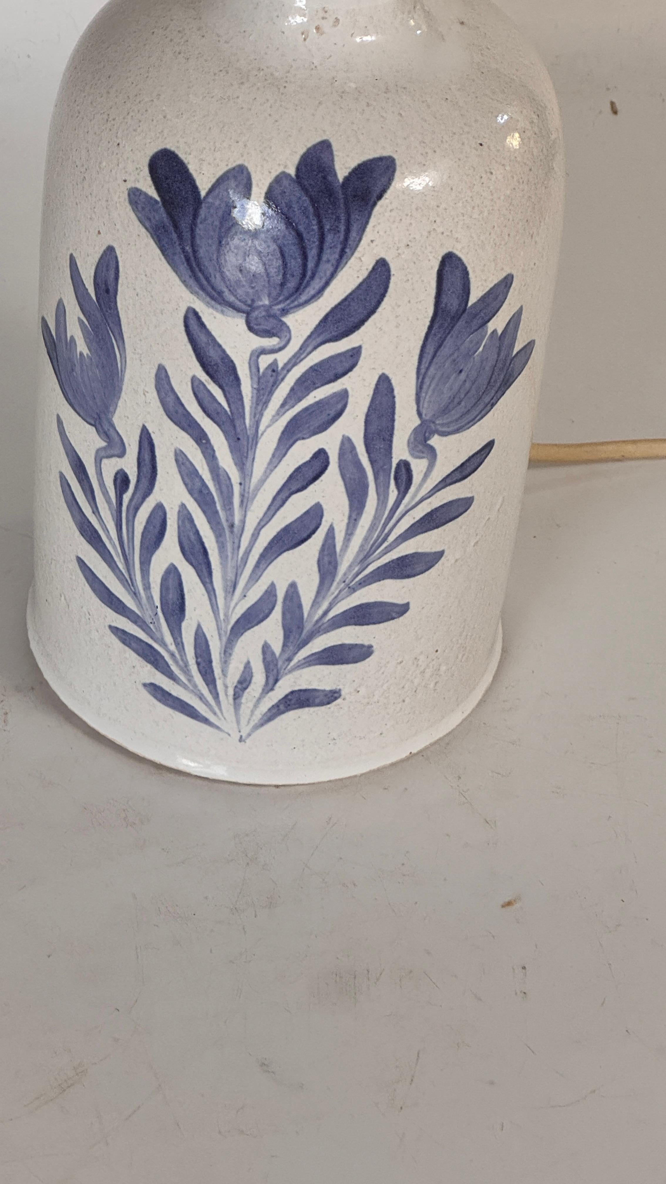 Stoneware 1970s Biot Ceramic Table Lamp – White and Blue Floral Design, French Provincial For Sale