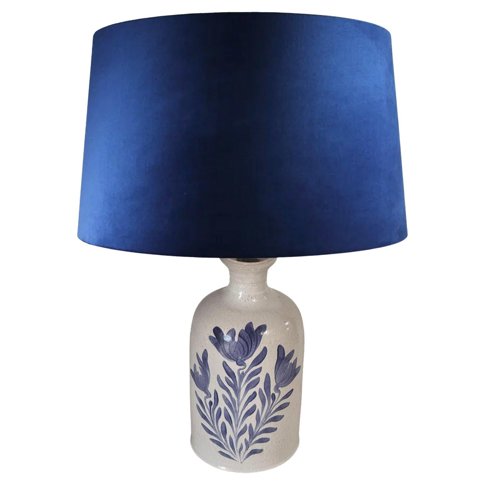 1970s Biot Ceramic Table Lamp – White and Blue Floral Design, French Provincial For Sale