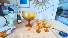 1970er Biot Glas Obstschale & Cocktail Set, Gelb-Orange Blasenglas Frankreich