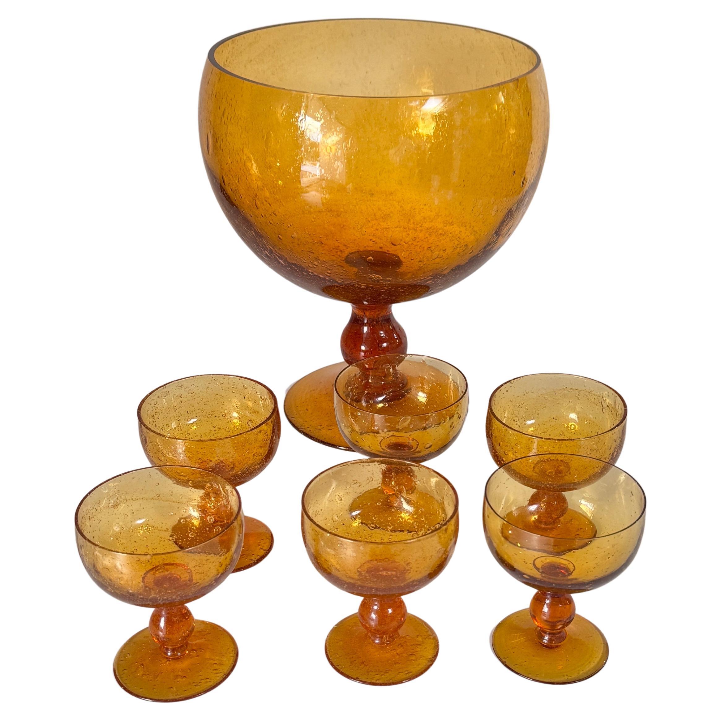 1970 Biot Glass Fruit Bowl & Cocktail Set, Yellow-Orange Bubble Glass France