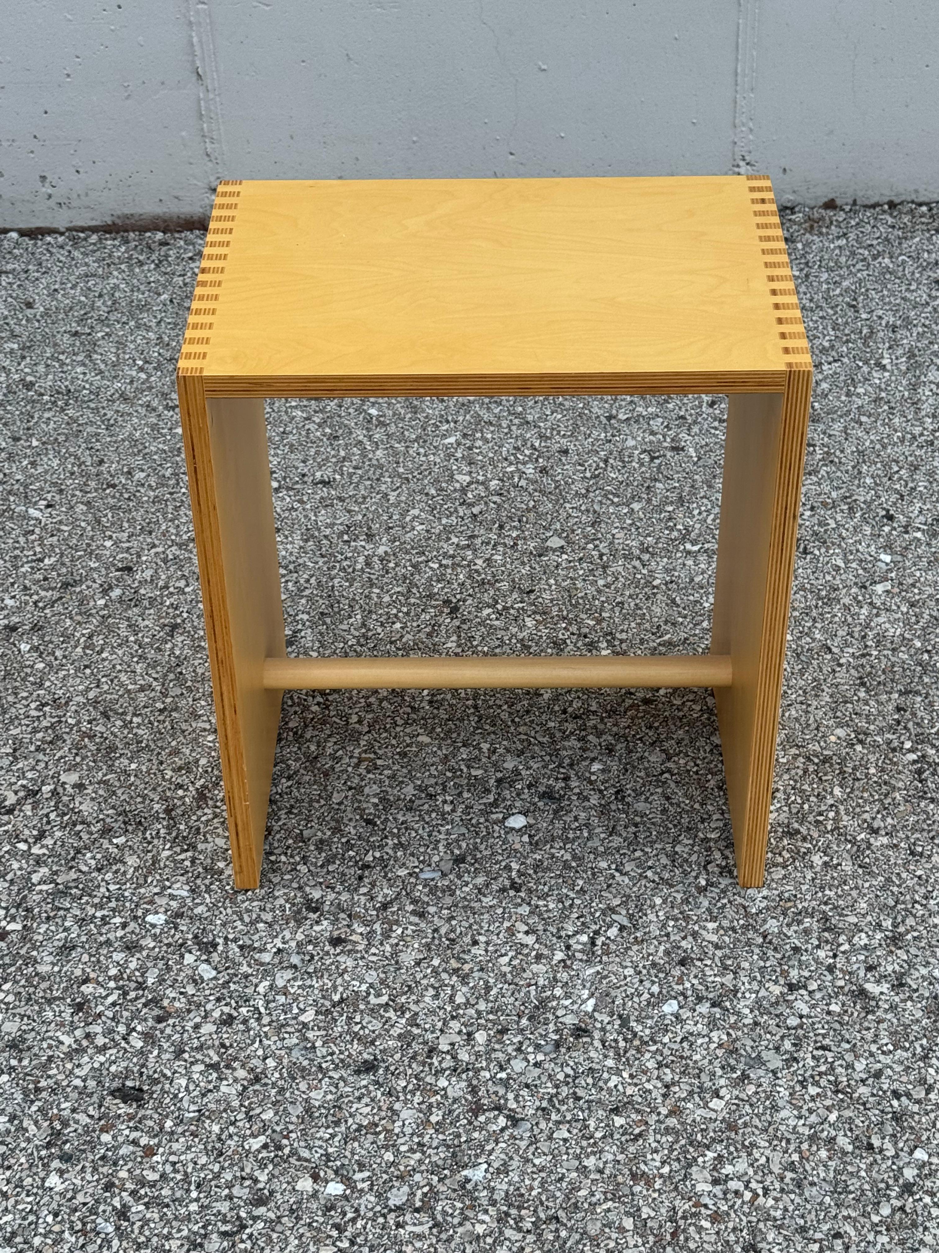 Max Bill Ulm Stool by for Zanotta, originally designed for the Ulm School in the 1950s. Made of birch plywood with box joint sides and lower doll rod support. Can be used as a stool or side table. Stamped Max Bill - Zanotta. From one owner house,