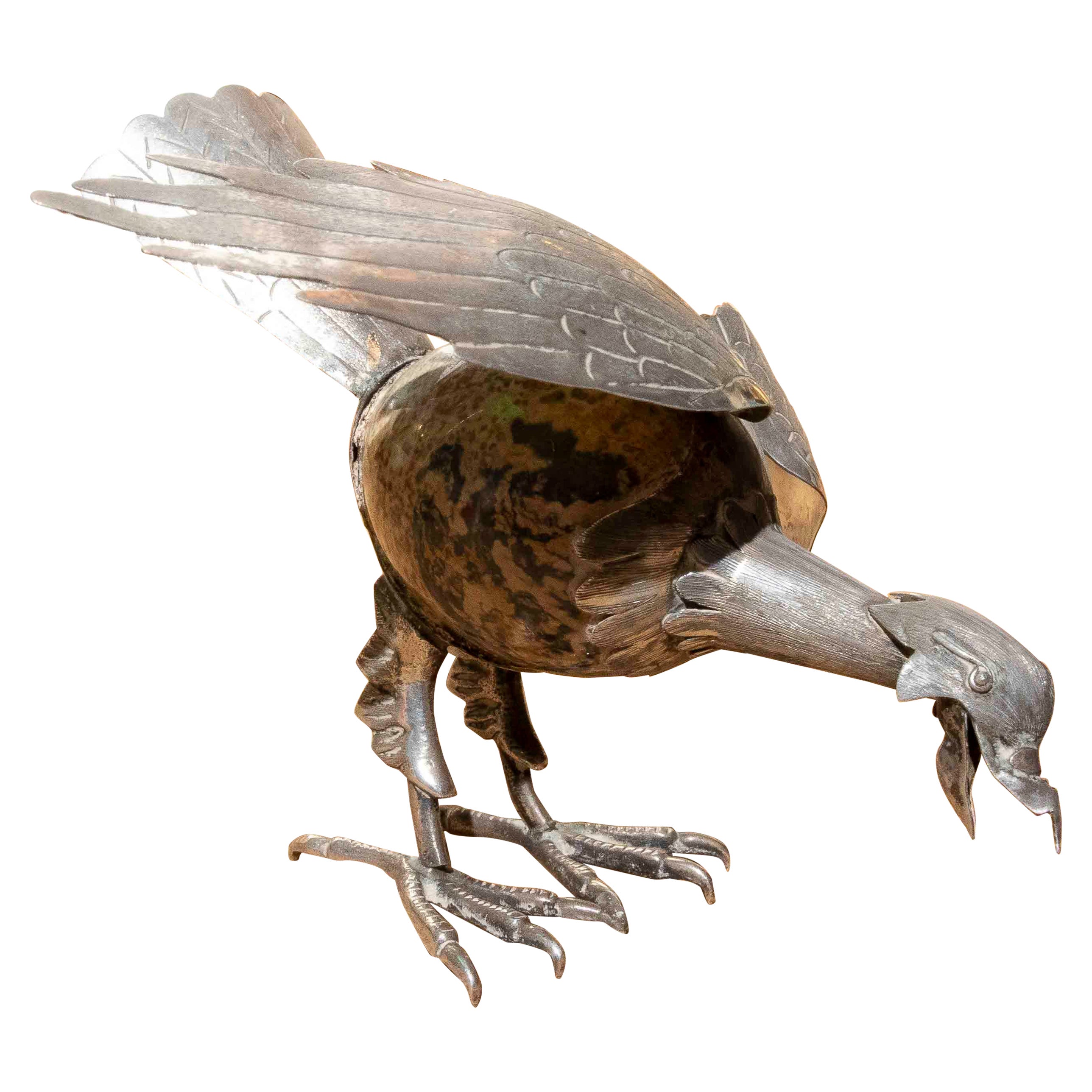 1970s Bird Sculpture in Silver-plated Metal and Natural Stone For Sale