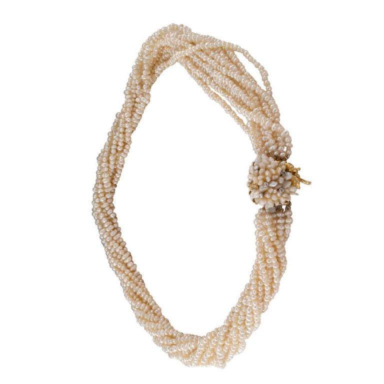 Round Cut 1970s Biwa Pearl Diamond Gold Torsade Necklace
