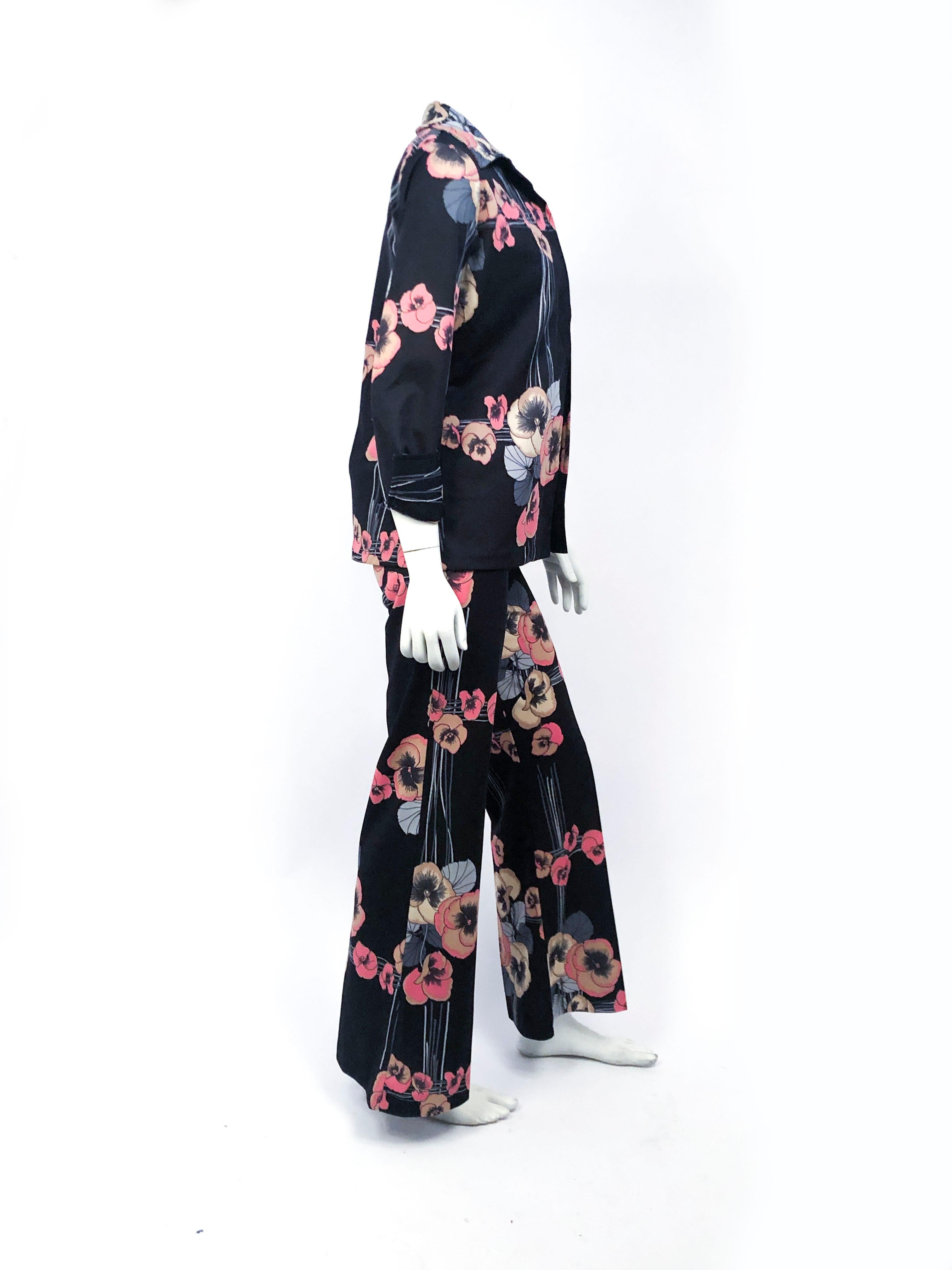 1970s Black 3-piece Set  with Stripe and Floral Pattern  1