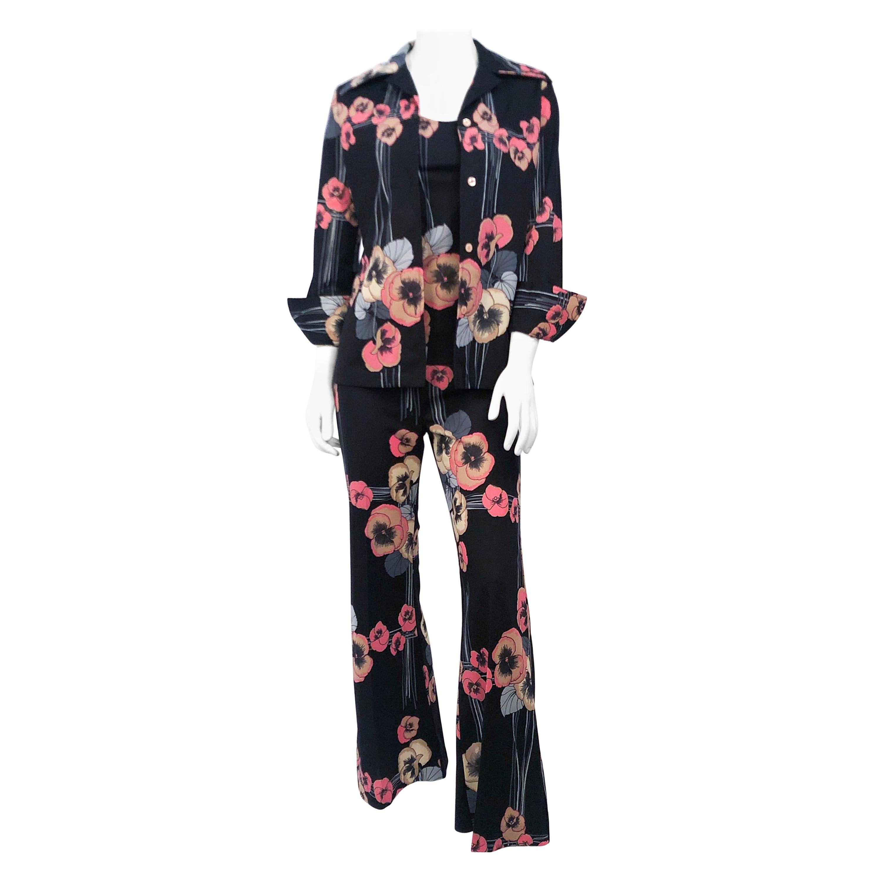 1970s Black 3-piece Set  with Stripe and Floral Pattern 
