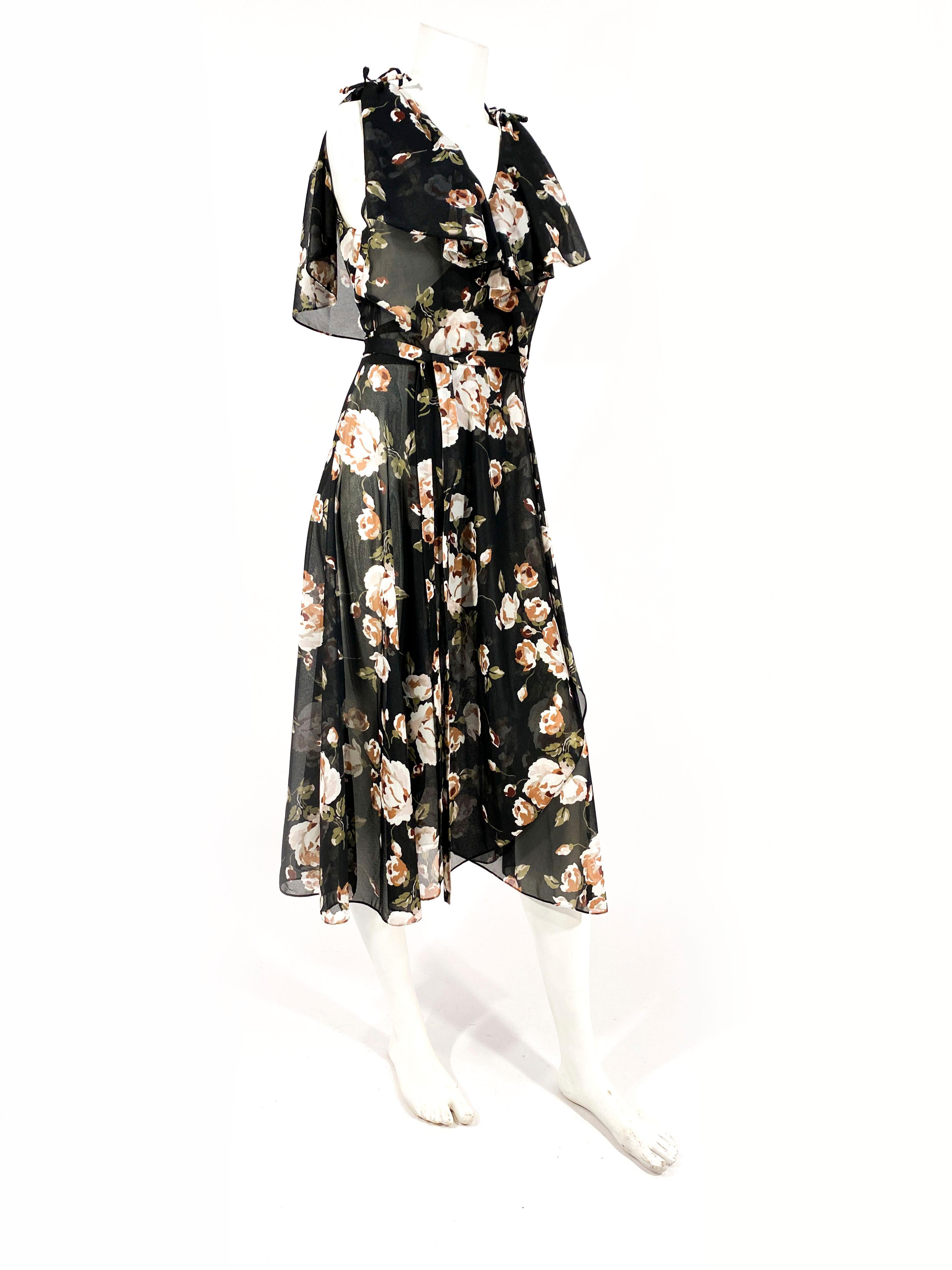 Women's 1970s Black and Floral Printed Wrap Dress For Sale