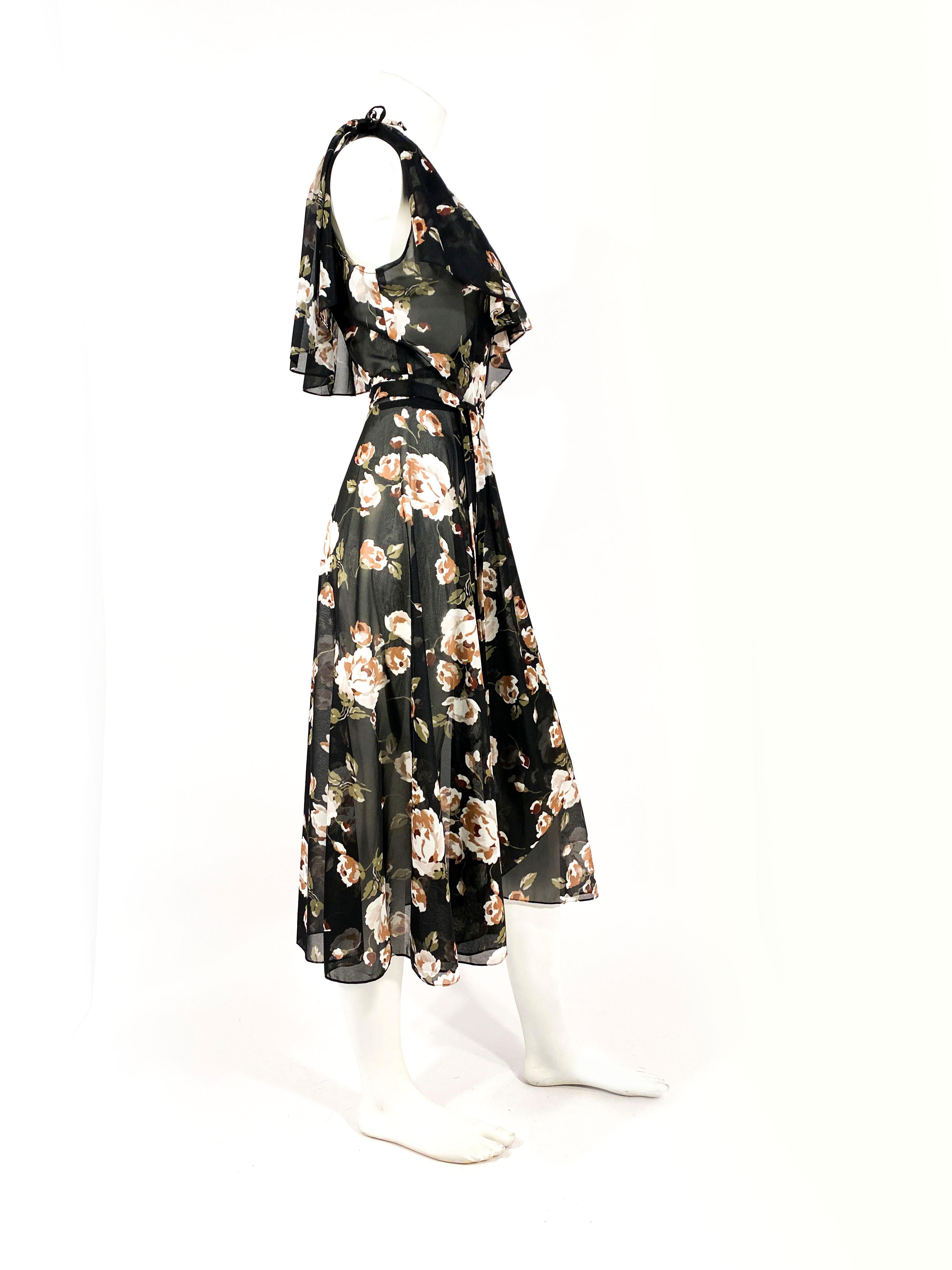 1970s Black and Floral Printed Wrap Dress For Sale 1