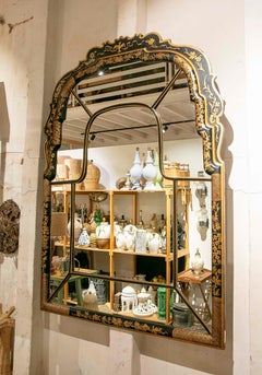1970s Black and Gold Chinoiserie Mirror with Hand-Painted Frame