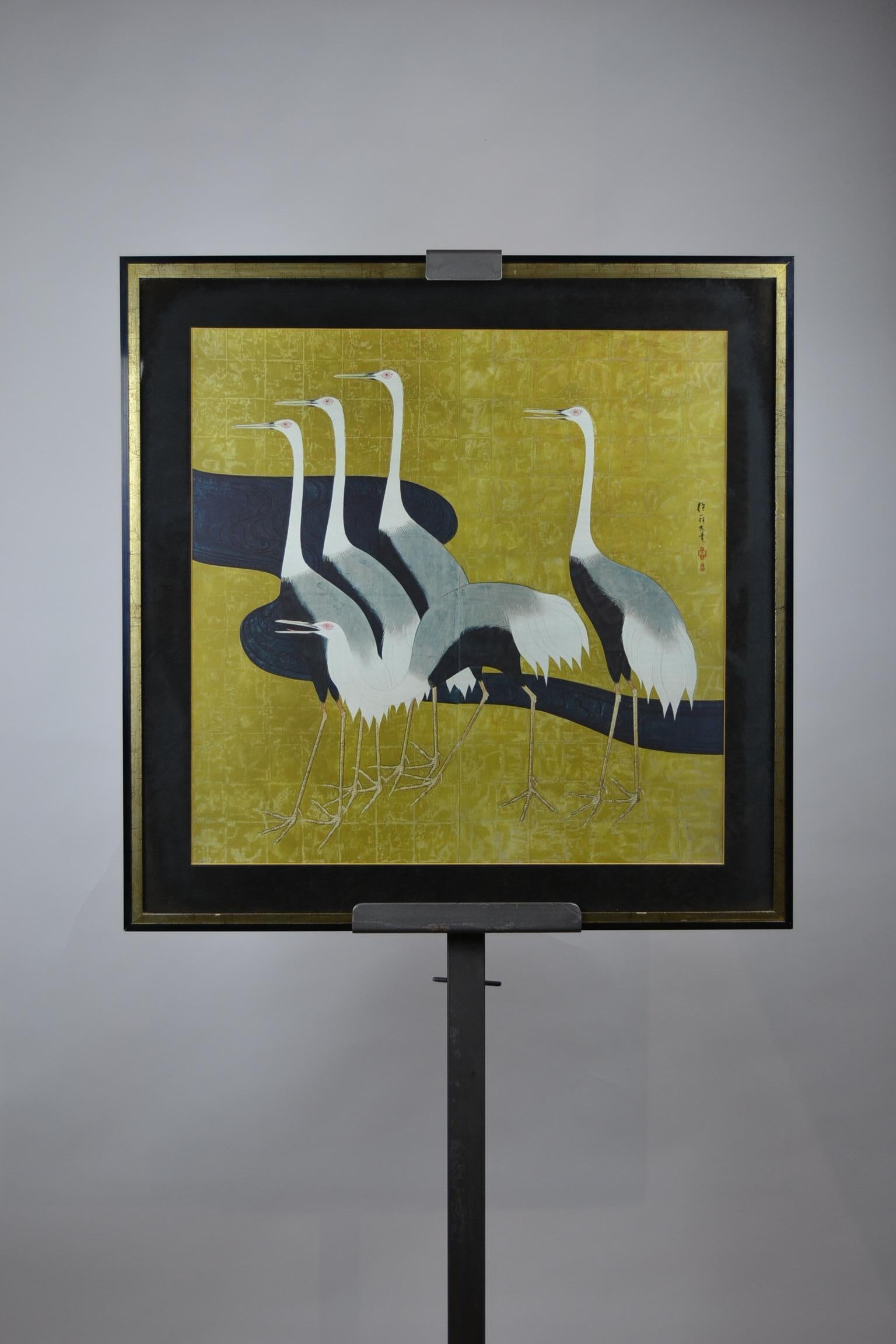 1970s Black and Gold Framed Japanese Artwork with Japanese Heron Birds  6