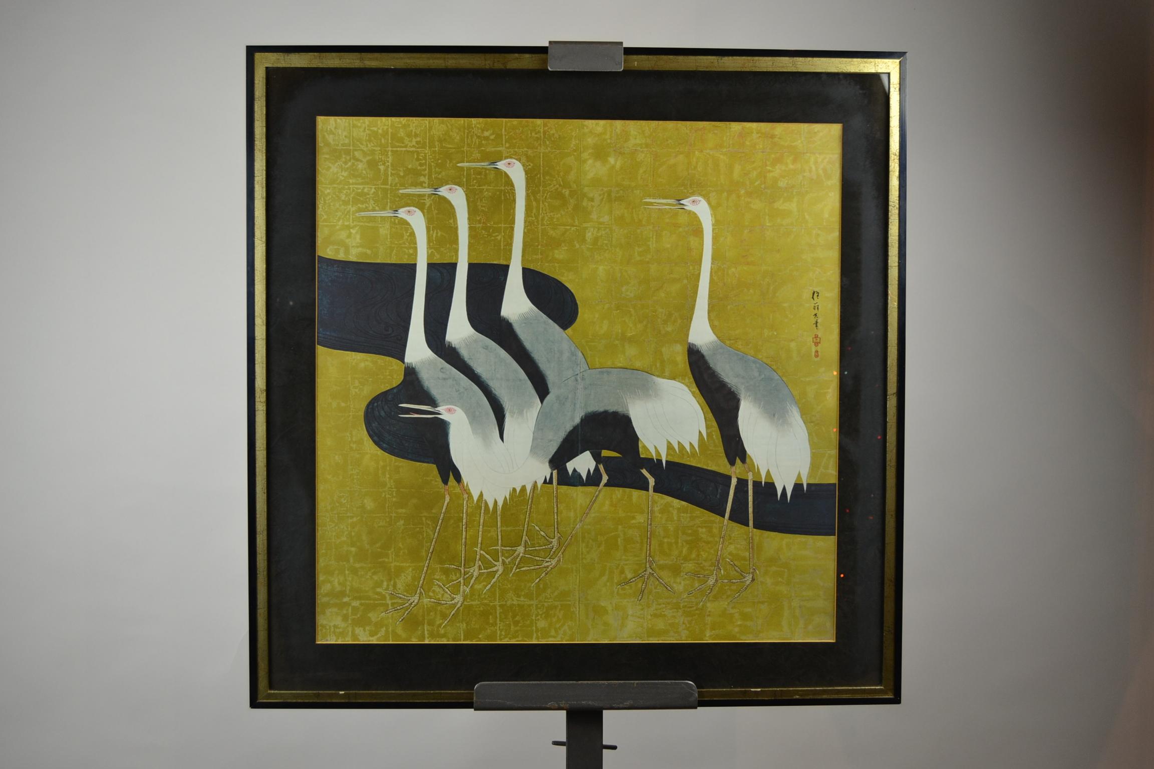 20th Century 1970s Black and Gold Framed Japanese Artwork with Japanese Heron Birds 