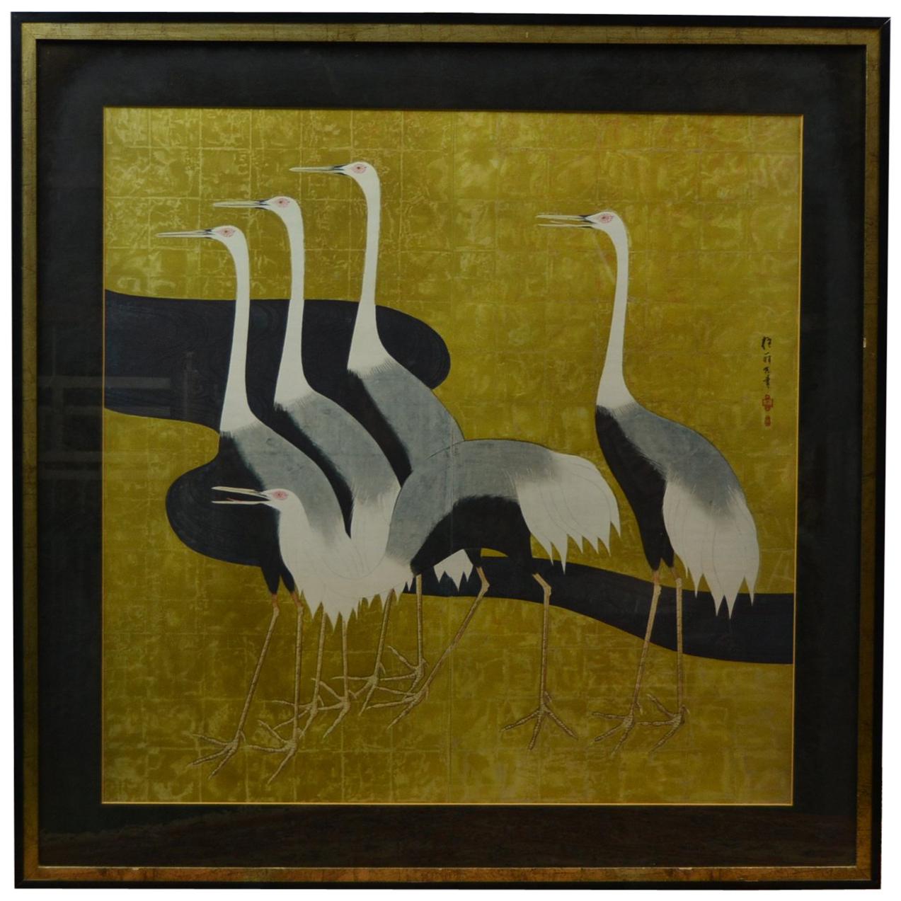1970s Black and Gold Framed Japanese Artwork with Japanese Heron Birds 