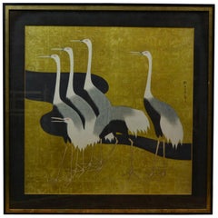 1970s Black and Gold Framed Japanese Artwork with Japanese Heron Birds 