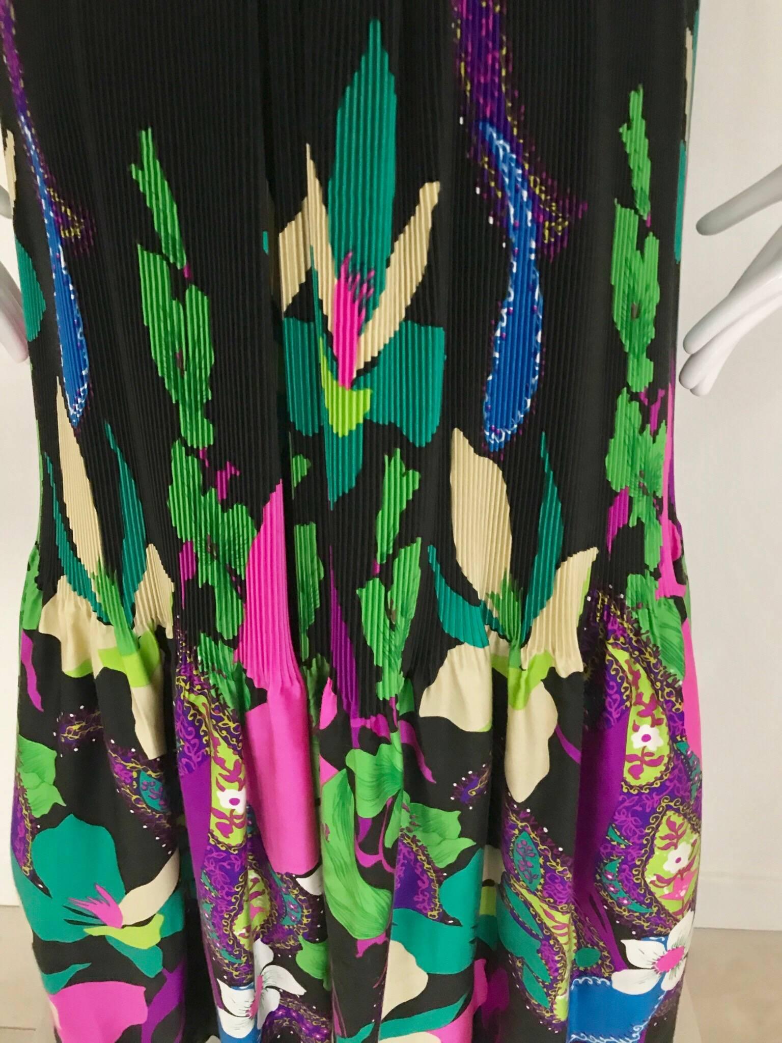 Women's 1970s Black and Multi Color Orchid Print Cotton Maxi Dress