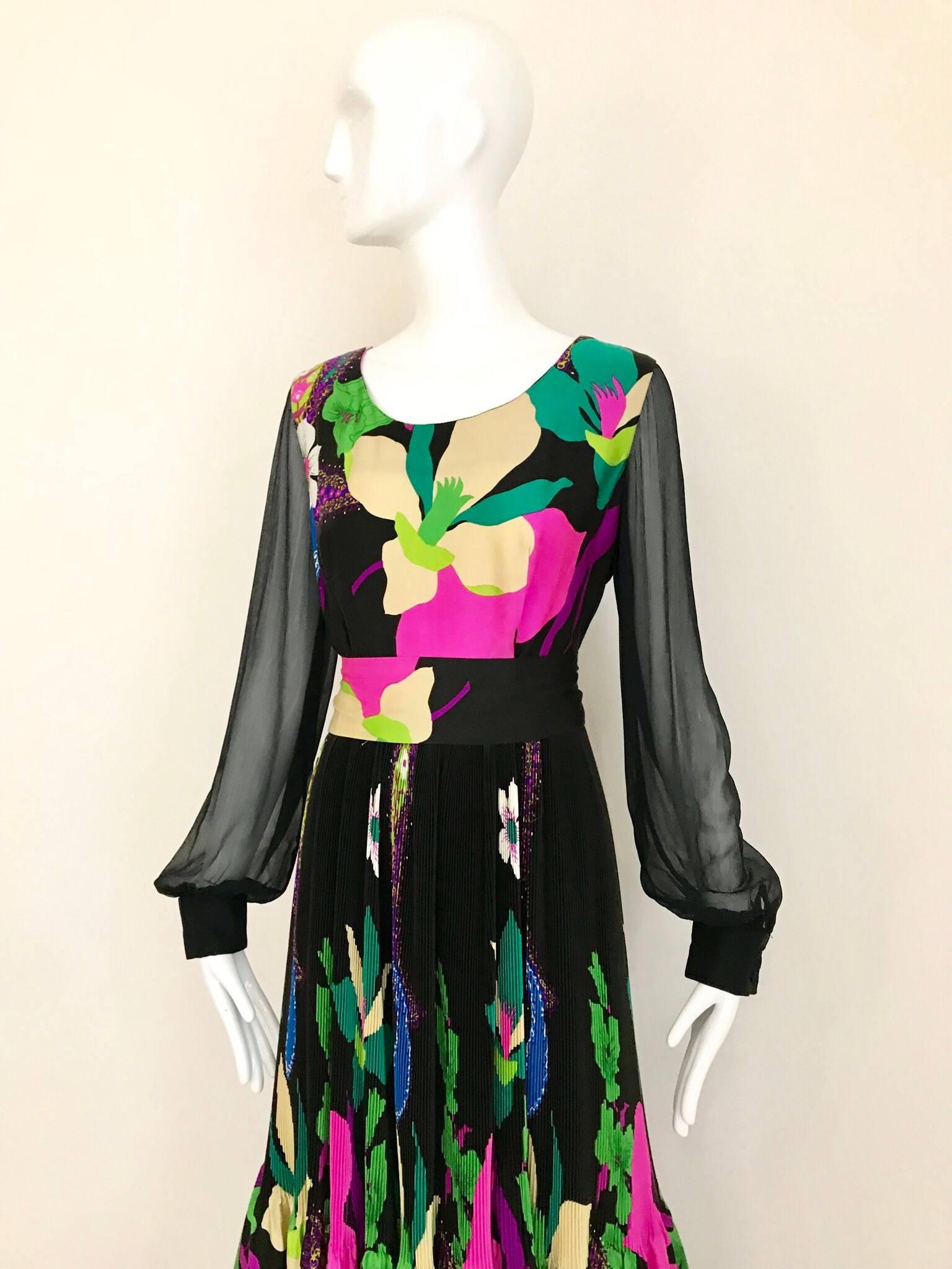 1970s Black and Multi Color Orchid Print Cotton Maxi Dress 1