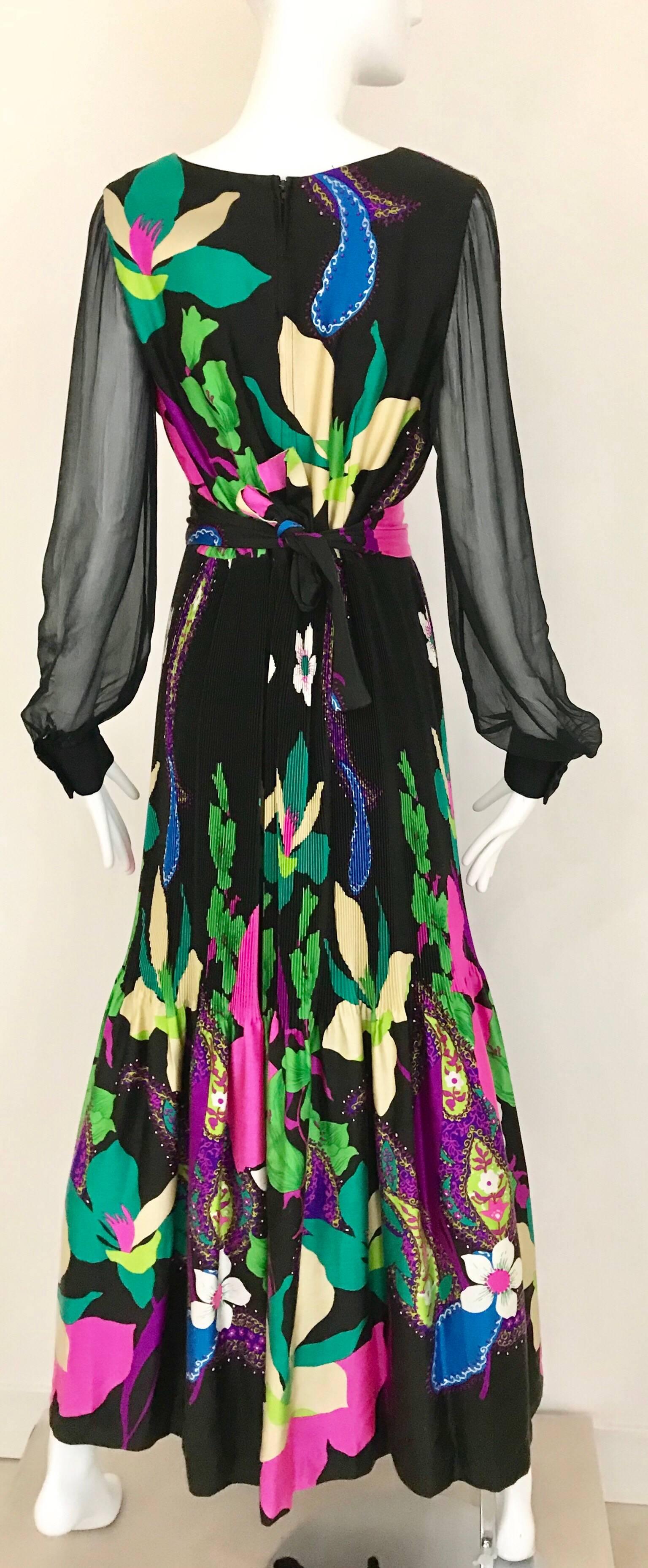 1970s Black and Multi Color Orchid Print Cotton Maxi Dress 2