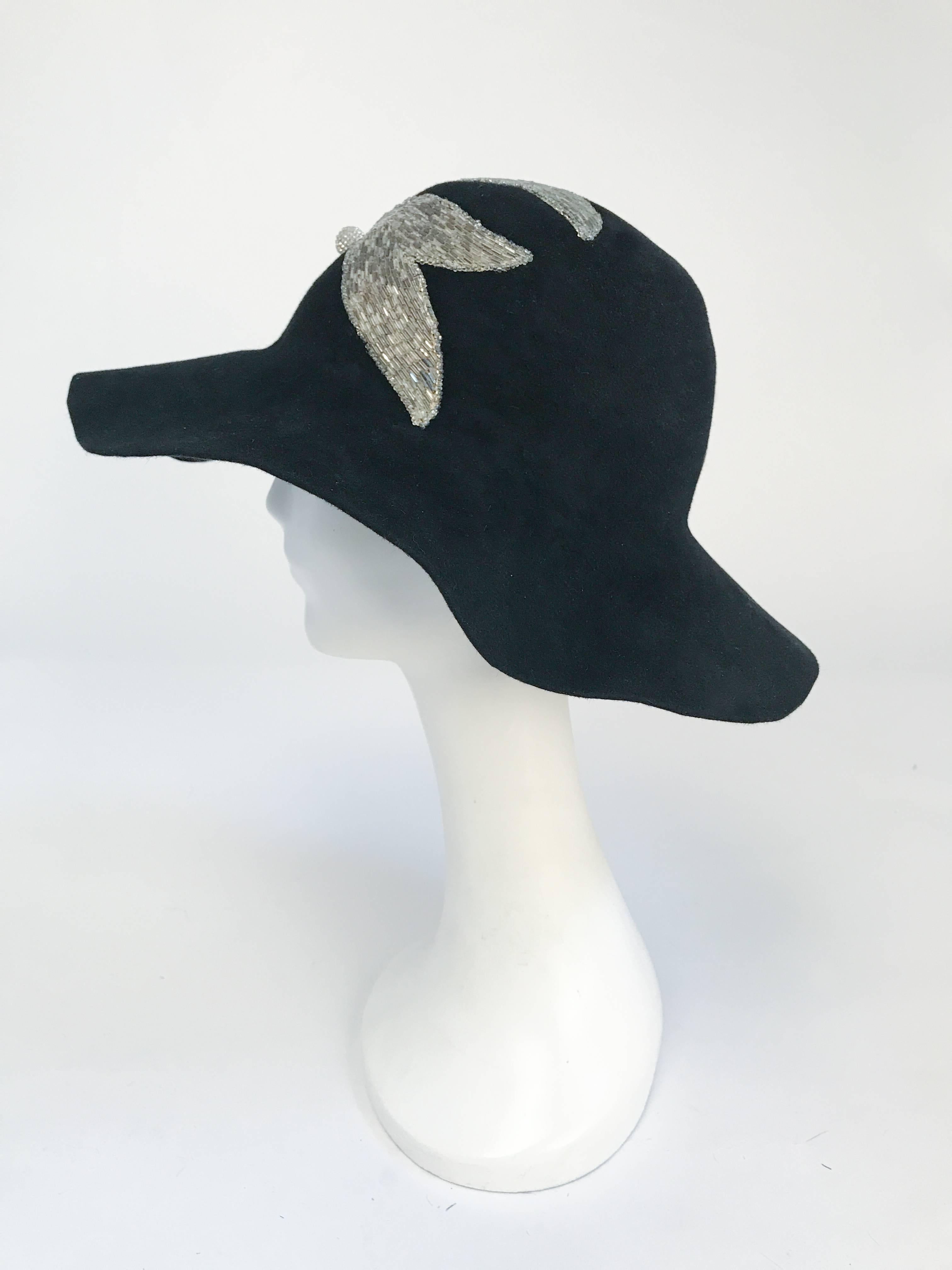 Black and Silver Appliqué wide brimmed hat, 1970s  In Good Condition In San Francisco, CA