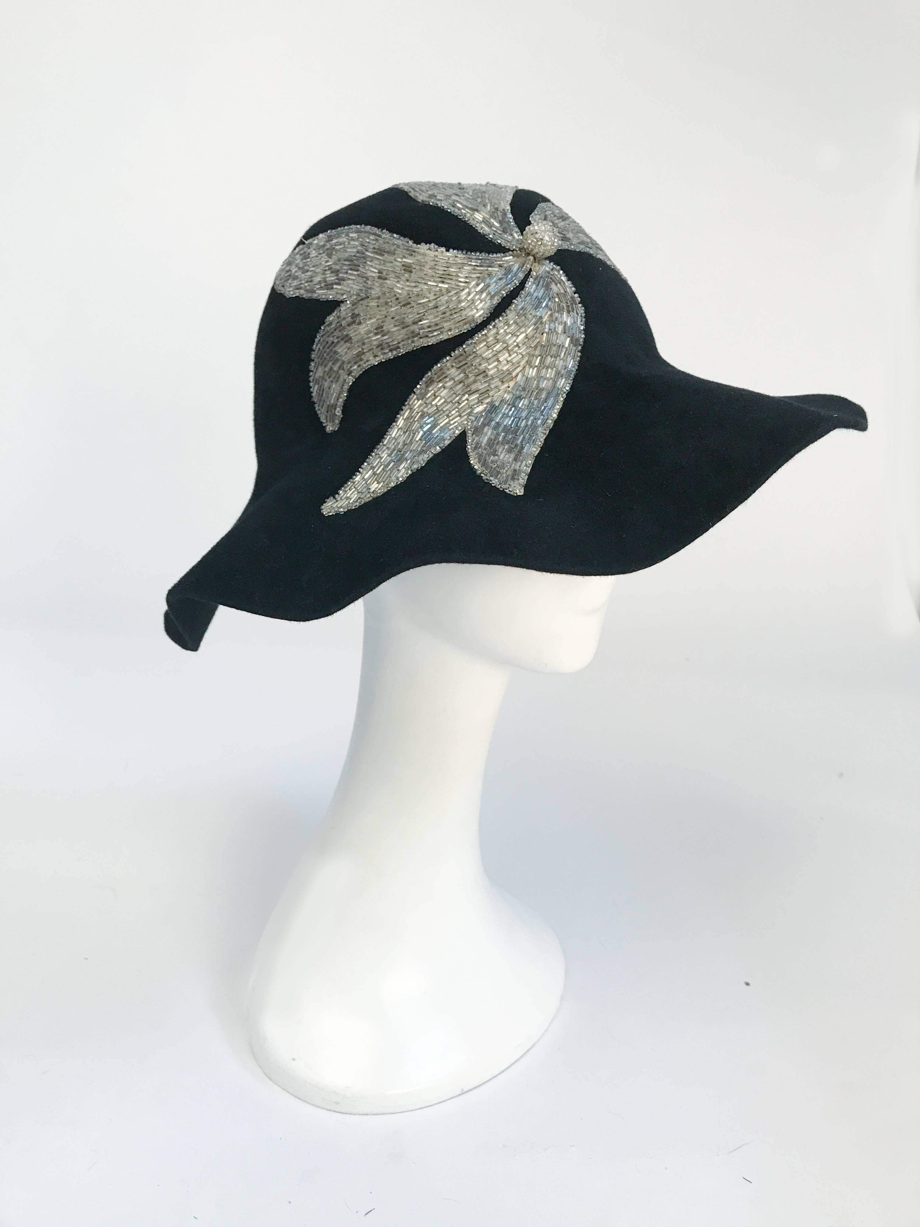 Women's Black and Silver Appliqué wide brimmed hat, 1970s 