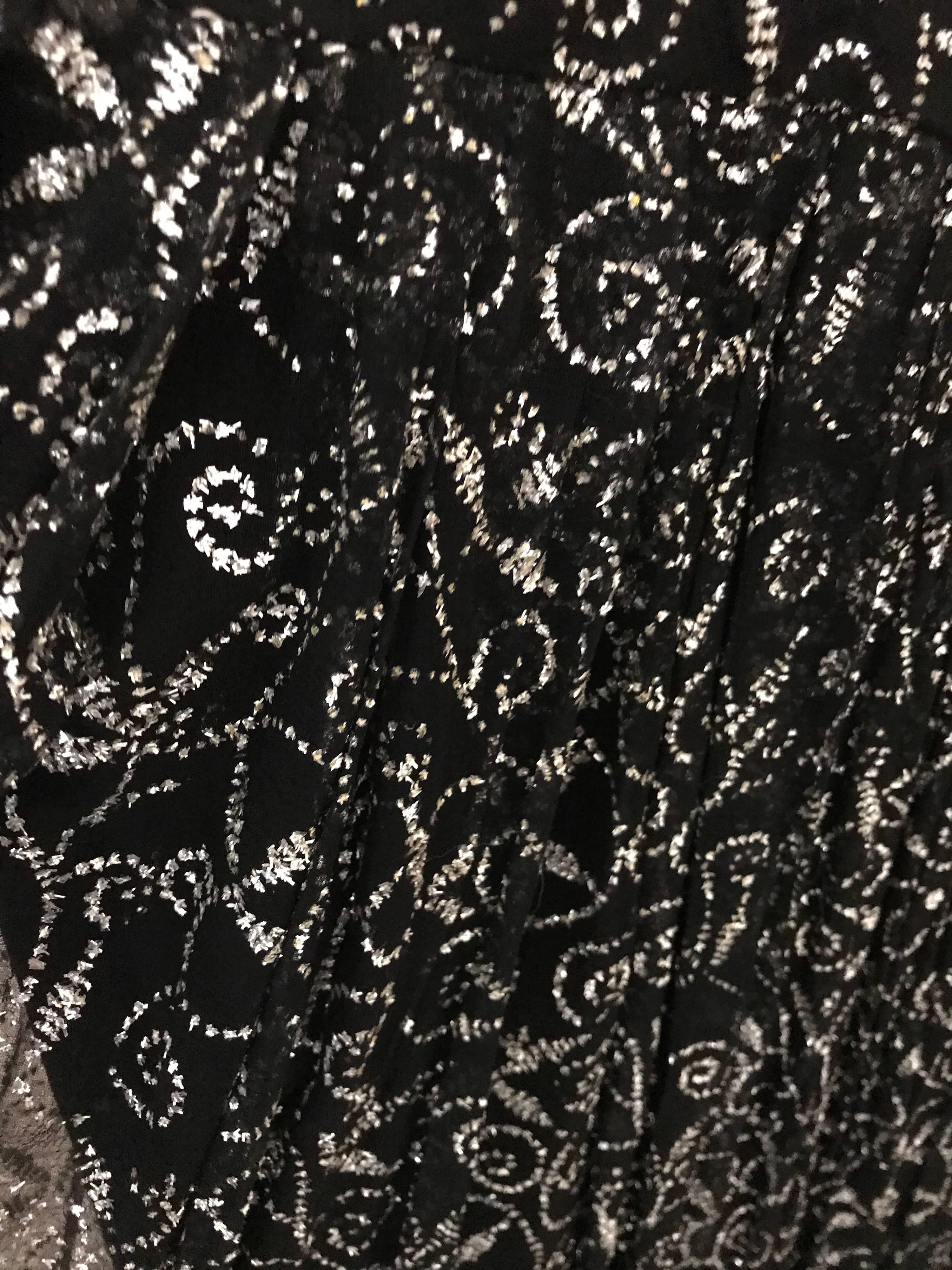 1970s Black and Silver Metallic Silk Maxi Dress In Excellent Condition In Beverly Hills, CA